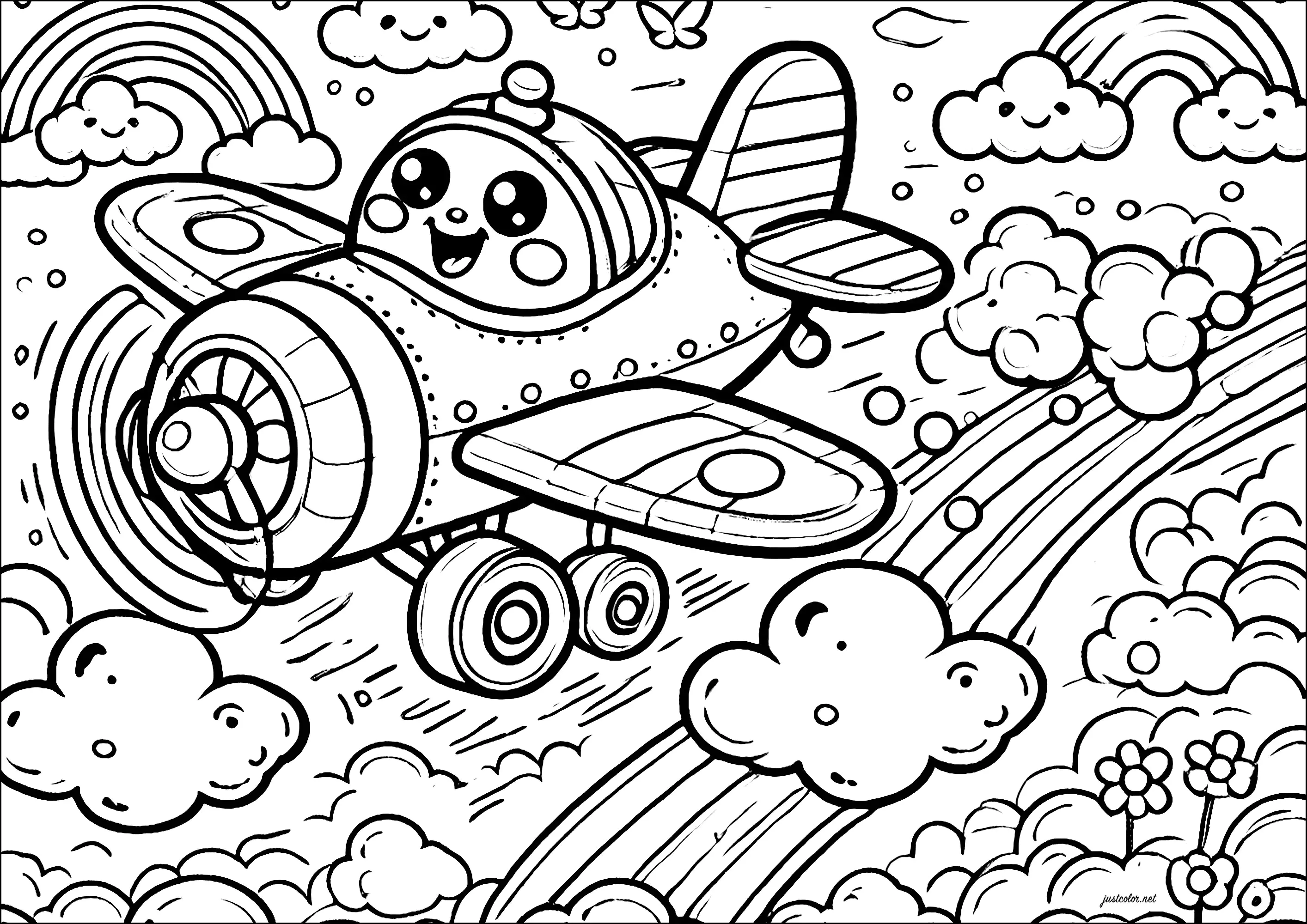 Funny little plane in the sky, surrounded by clouds (Printable Transport Coloring Page for Kids)