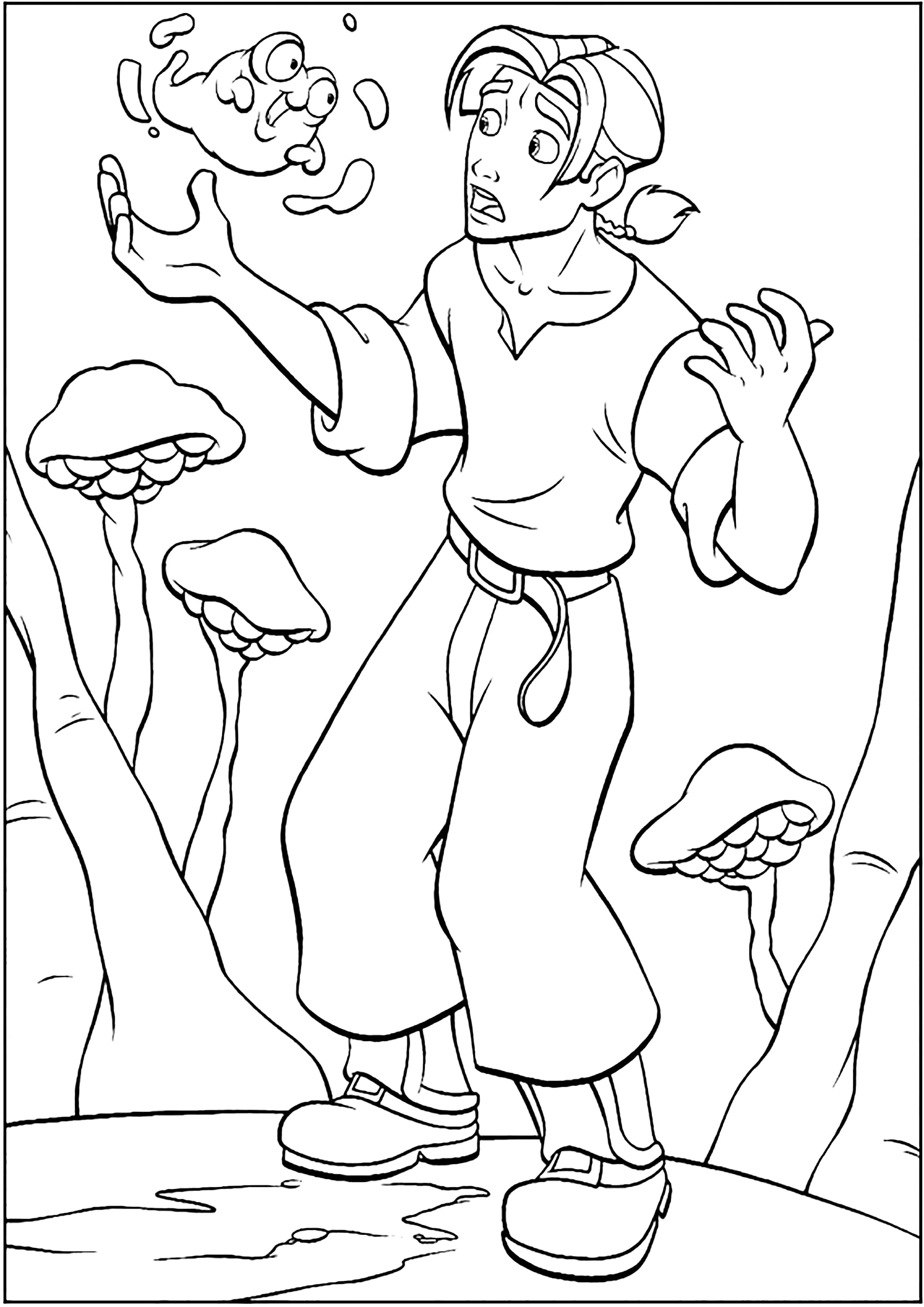 Jim Hawkins and a strange creature (Printable Treasure Planet Coloring Page for Kids)