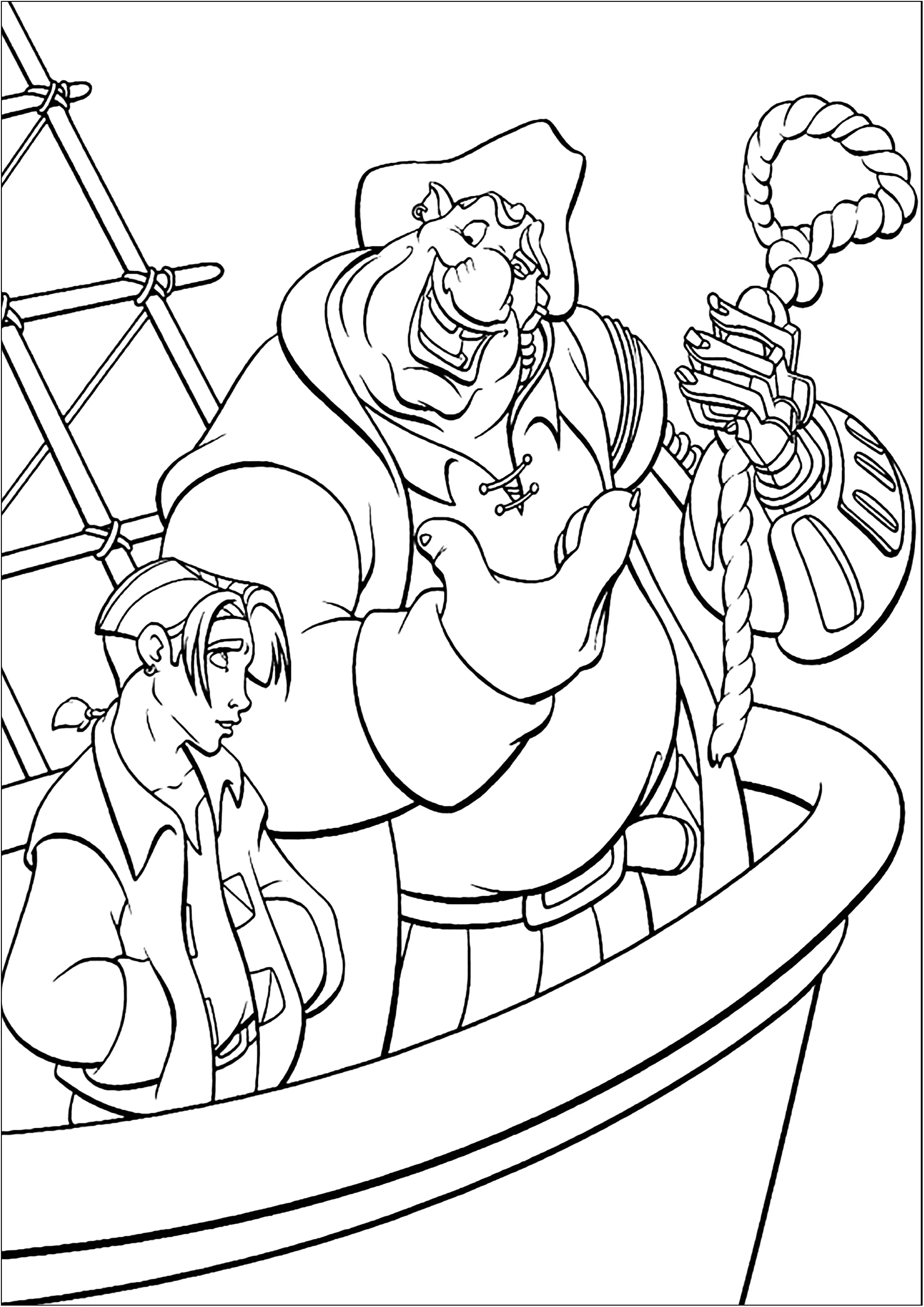 Treasure Planet: Jim Hawkins on a boat (Printable Coloring Page for Kids)