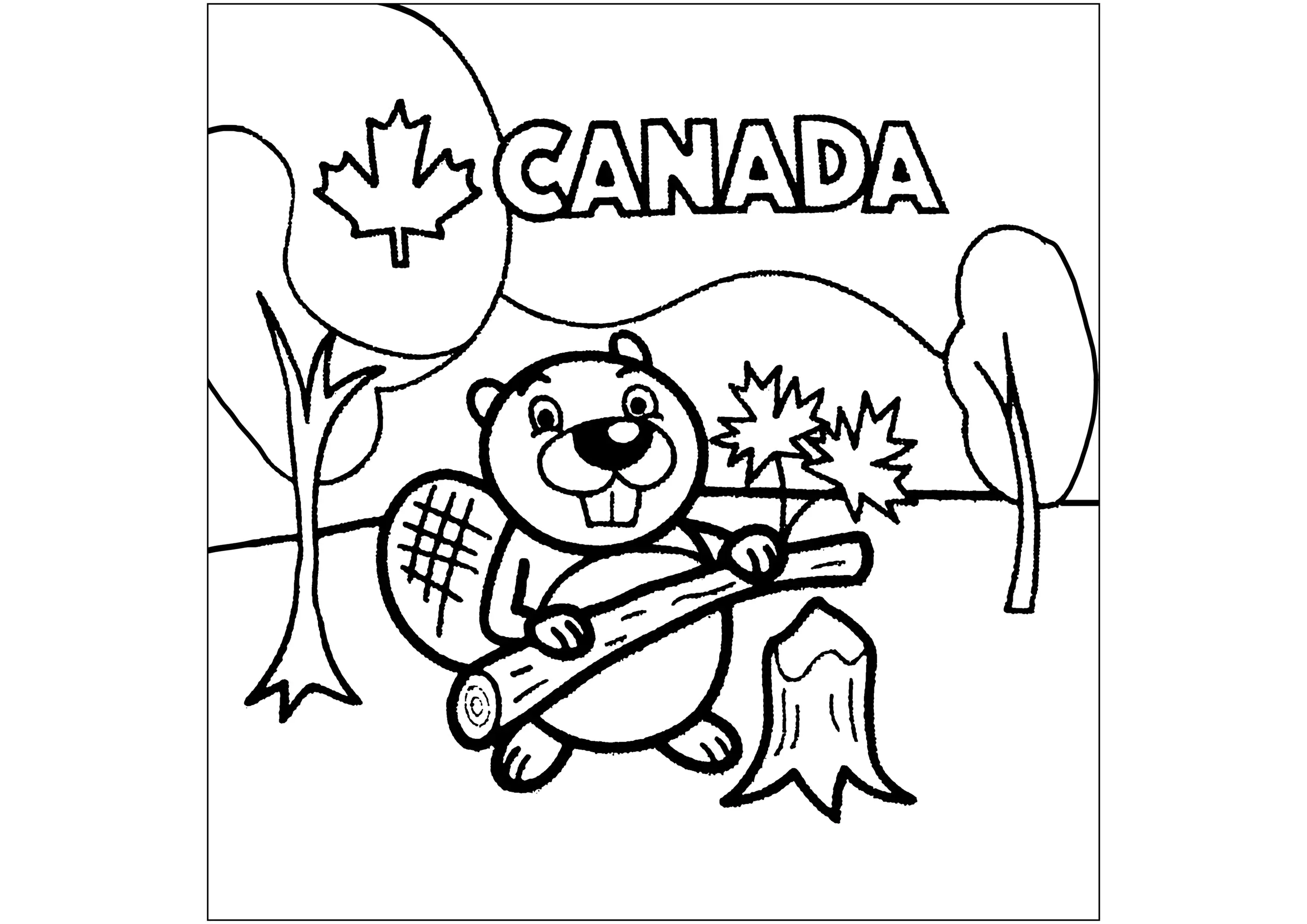Canada beaver trimming a tree trunk (Printable Coloring Page for Kids)