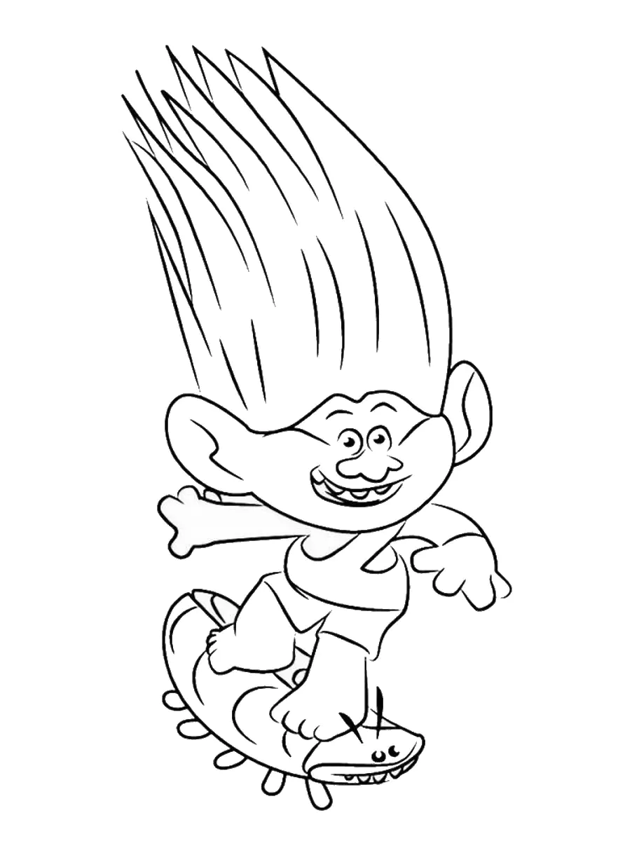 Branche skateboards on an insect (Printable Trolls Coloring Page for Kids)