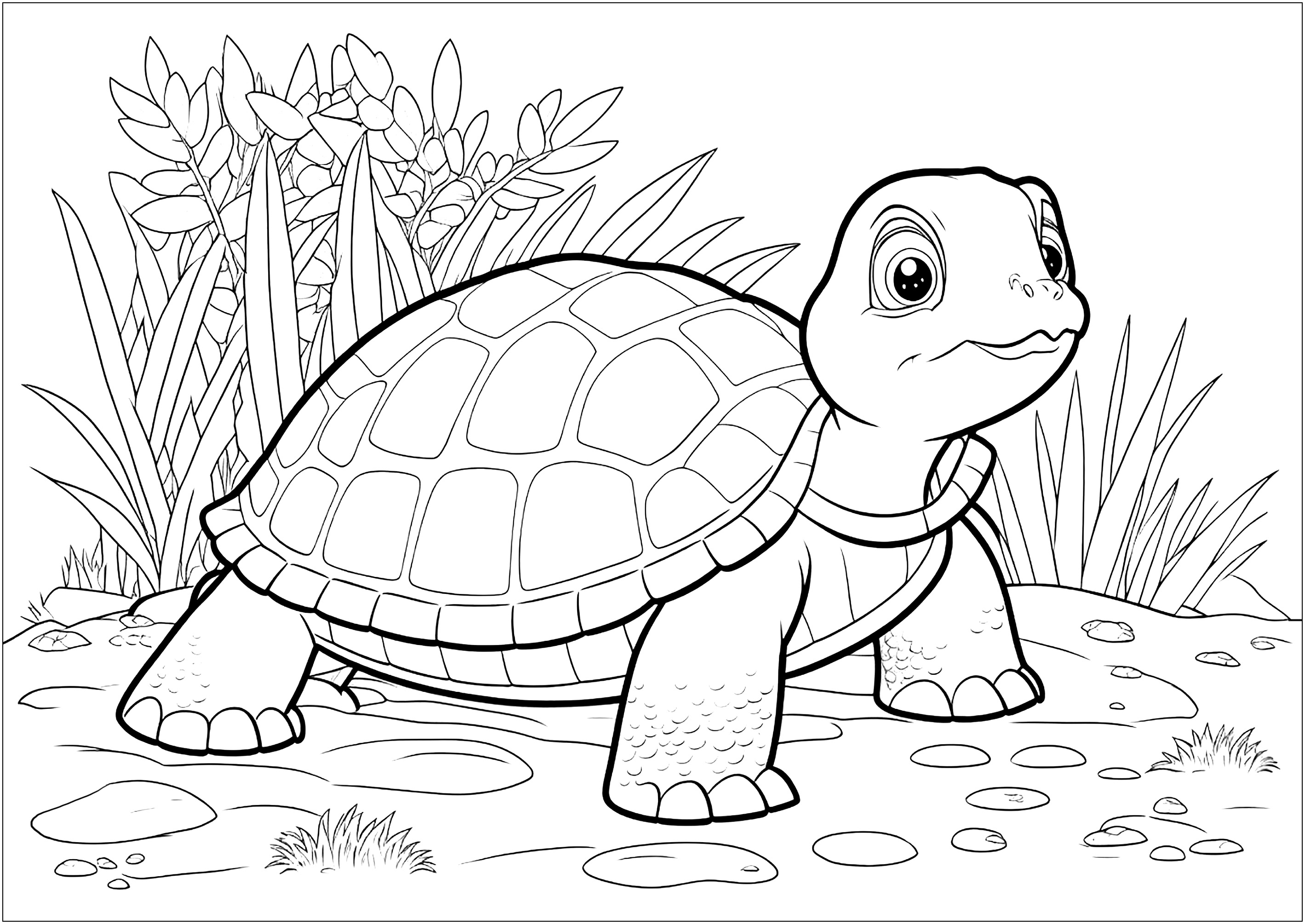 Color this beautiful turtle, with its scales and a plant background