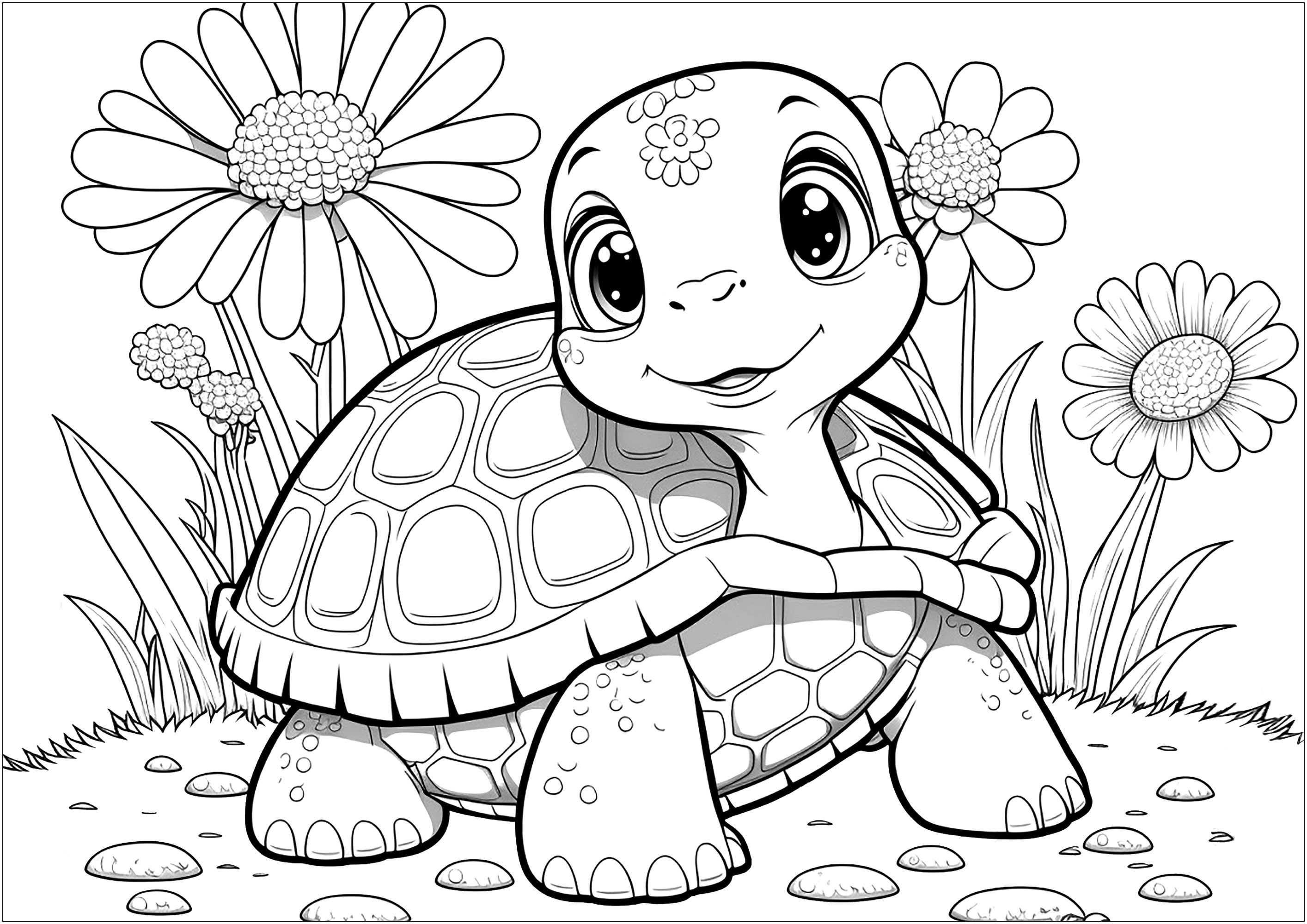 An adorable little turtle, and beautiful flowers. Only a few colors are missing