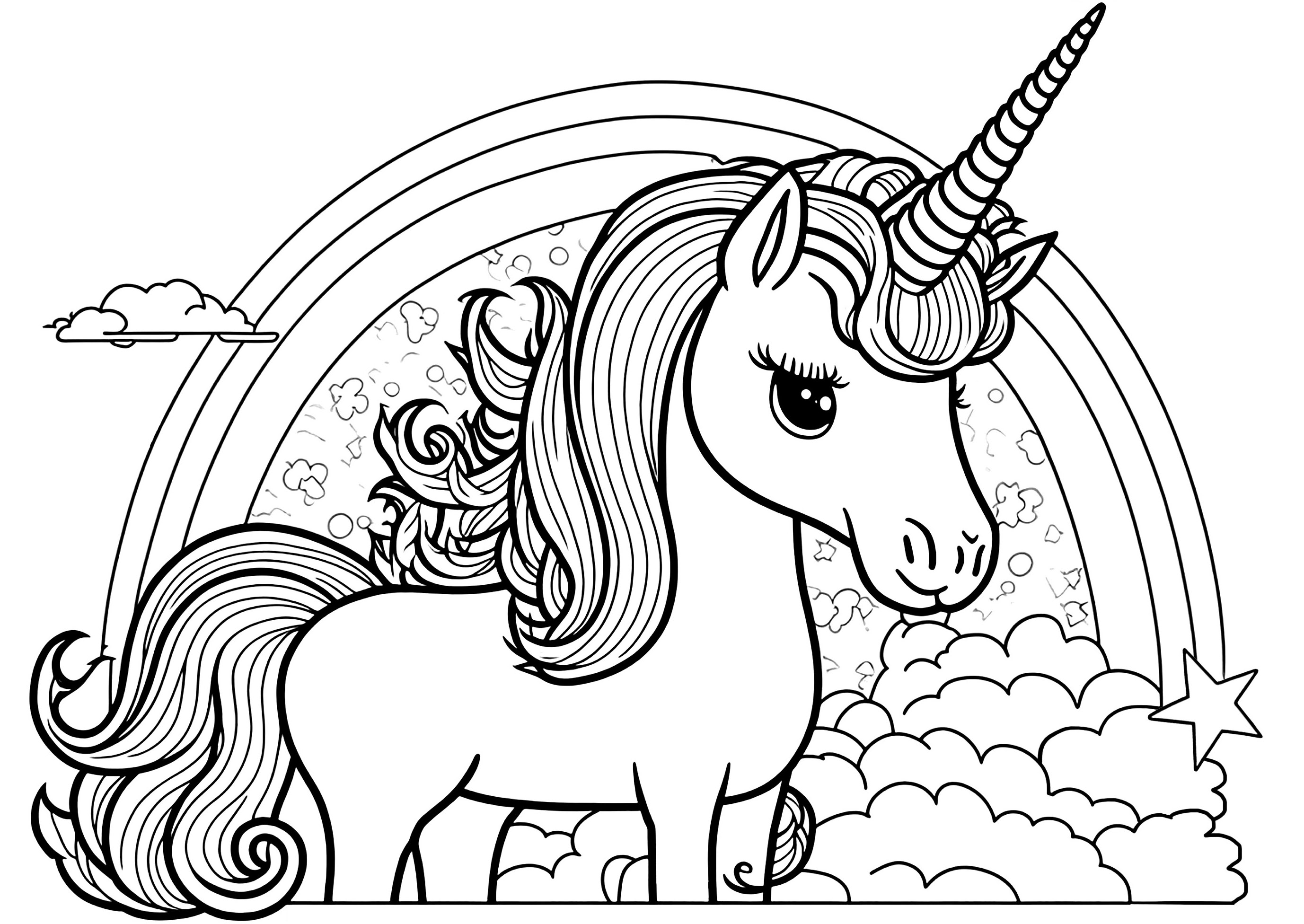 Simple coloring of a unicorn in front of a rainbow. This coloring page is perfect for kids who love unicorns and rainbows! It is just waiting for beautiful colors ...