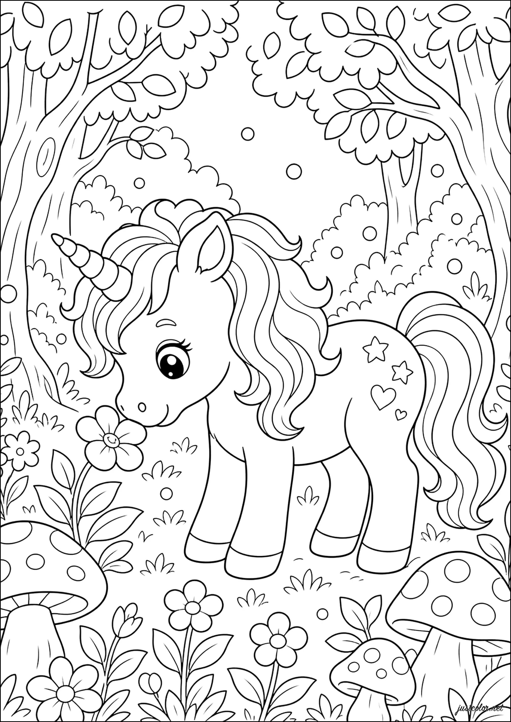 Enchanted reverie in the clearing (Printable Unicorn Coloring Page for Kids)
