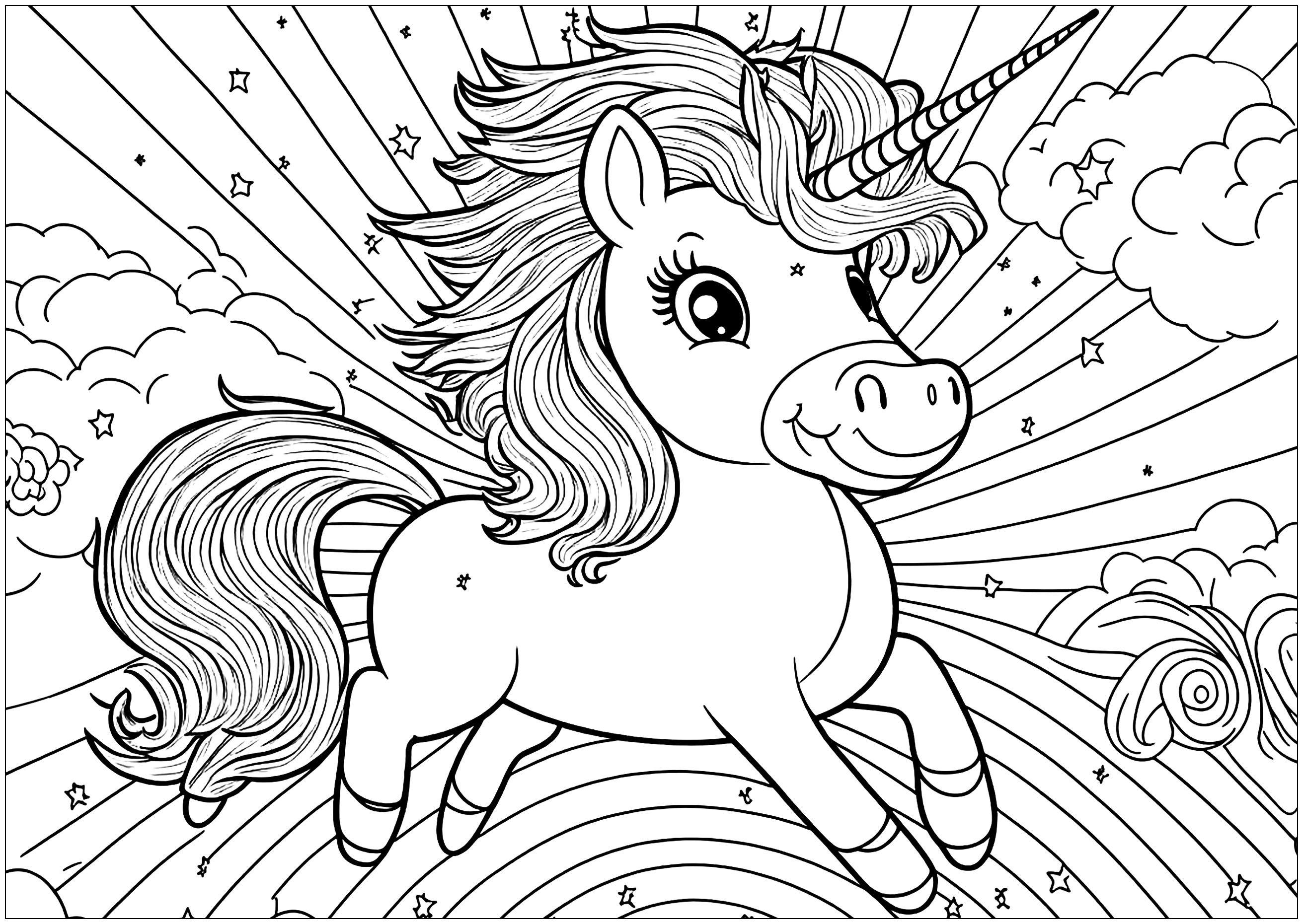 Beautiful unicorn to color, with a rainbow in the background