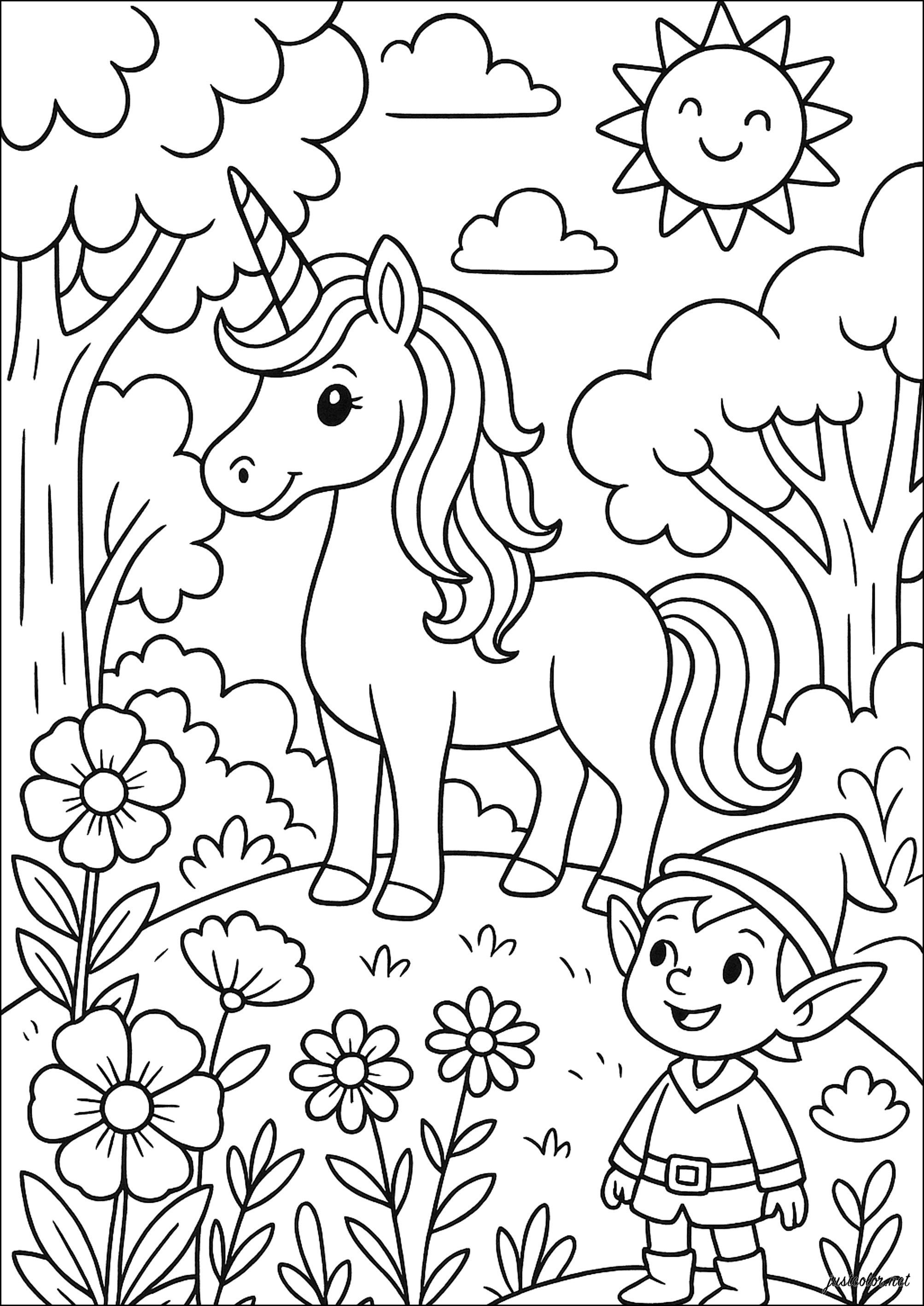 Little elf meets unicorn (Printable Coloring Page for Kids)