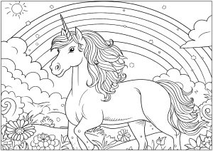 Printable Coloring Page for Kids : Unicorn with a pretty rainbow