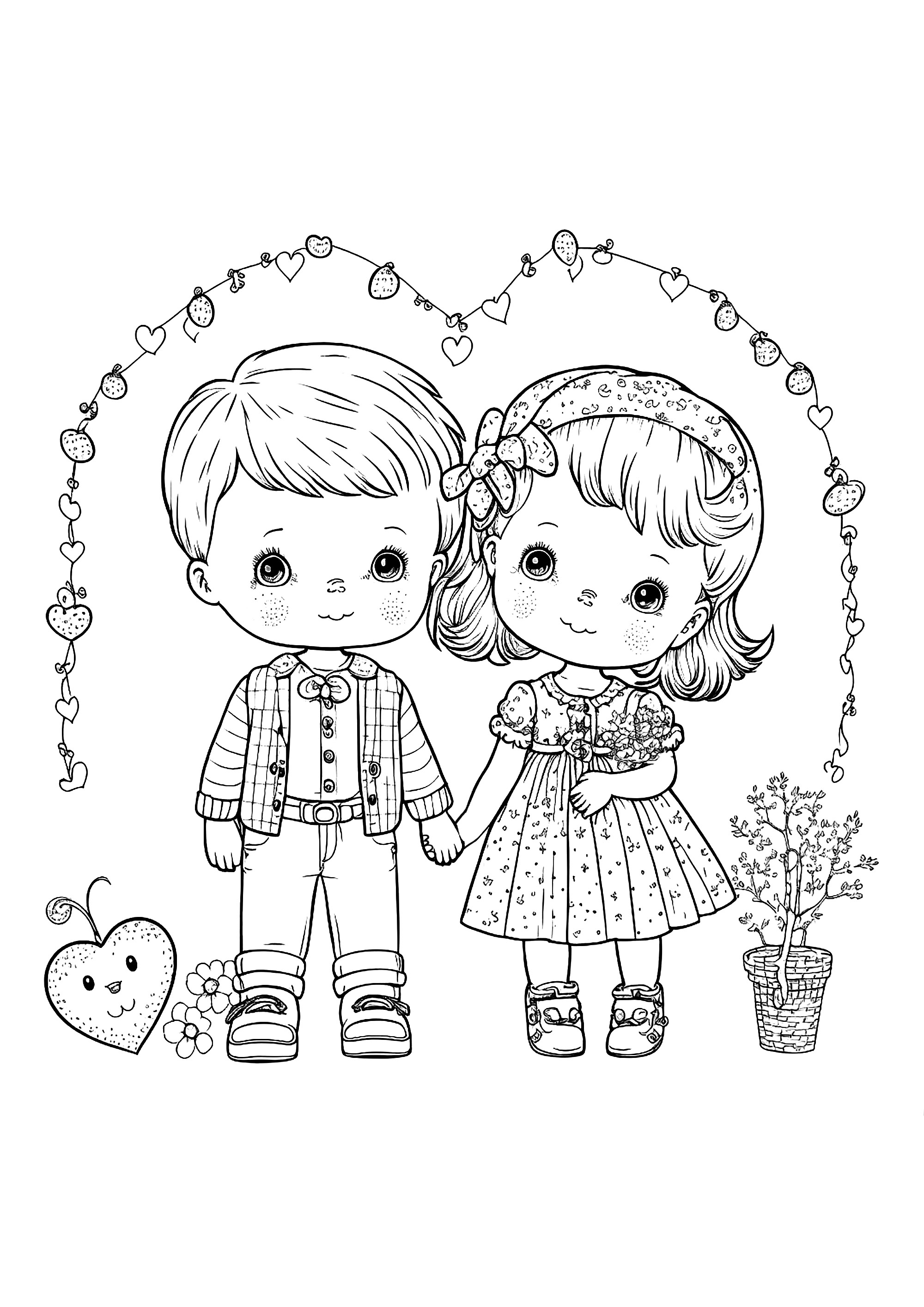 Two little lovers to color, in a very touching Valentine's Day coloring page. The scene is very touching and gives off an atmosphere of happiness and joy. Children can have fun coloring this very romantic coloring, choosing their favorite colors. They will be able to bring these two little lovers to life and imagine their adventures.