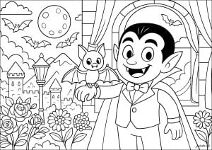 A young vampire and his faithful bat (Coloring Page)