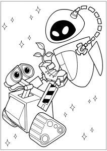 Wall-E offers a plant to EVE (Wall E Coloring Page)