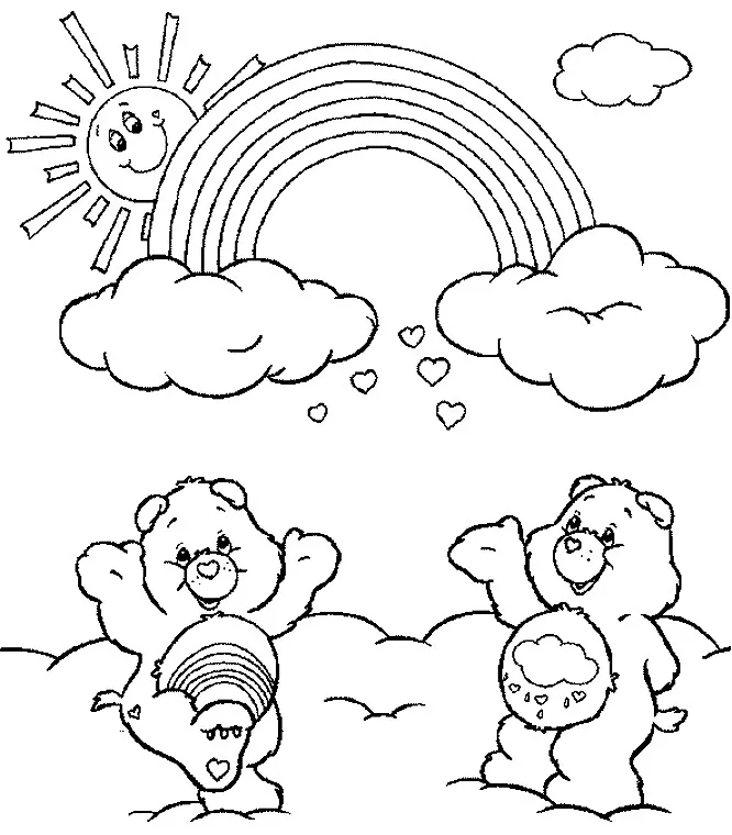 Two Care Bears under a pretty rainbow (Printable Weather Coloring Page for Kids)
