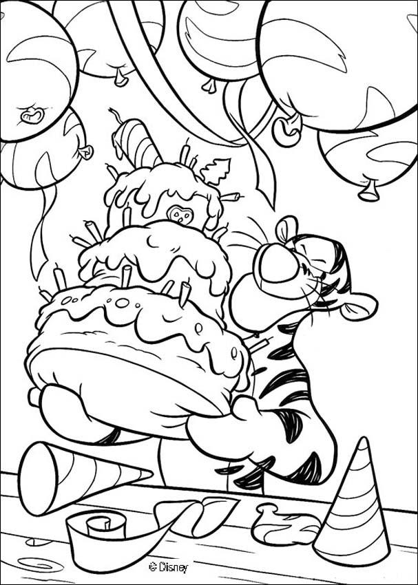 Coloring of Tigger with a big birthday cake!