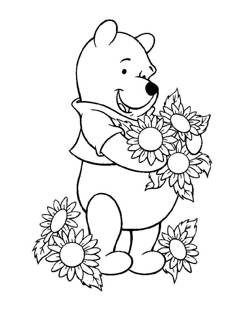 A beautiful picture of Winnie to color with lots of flowers