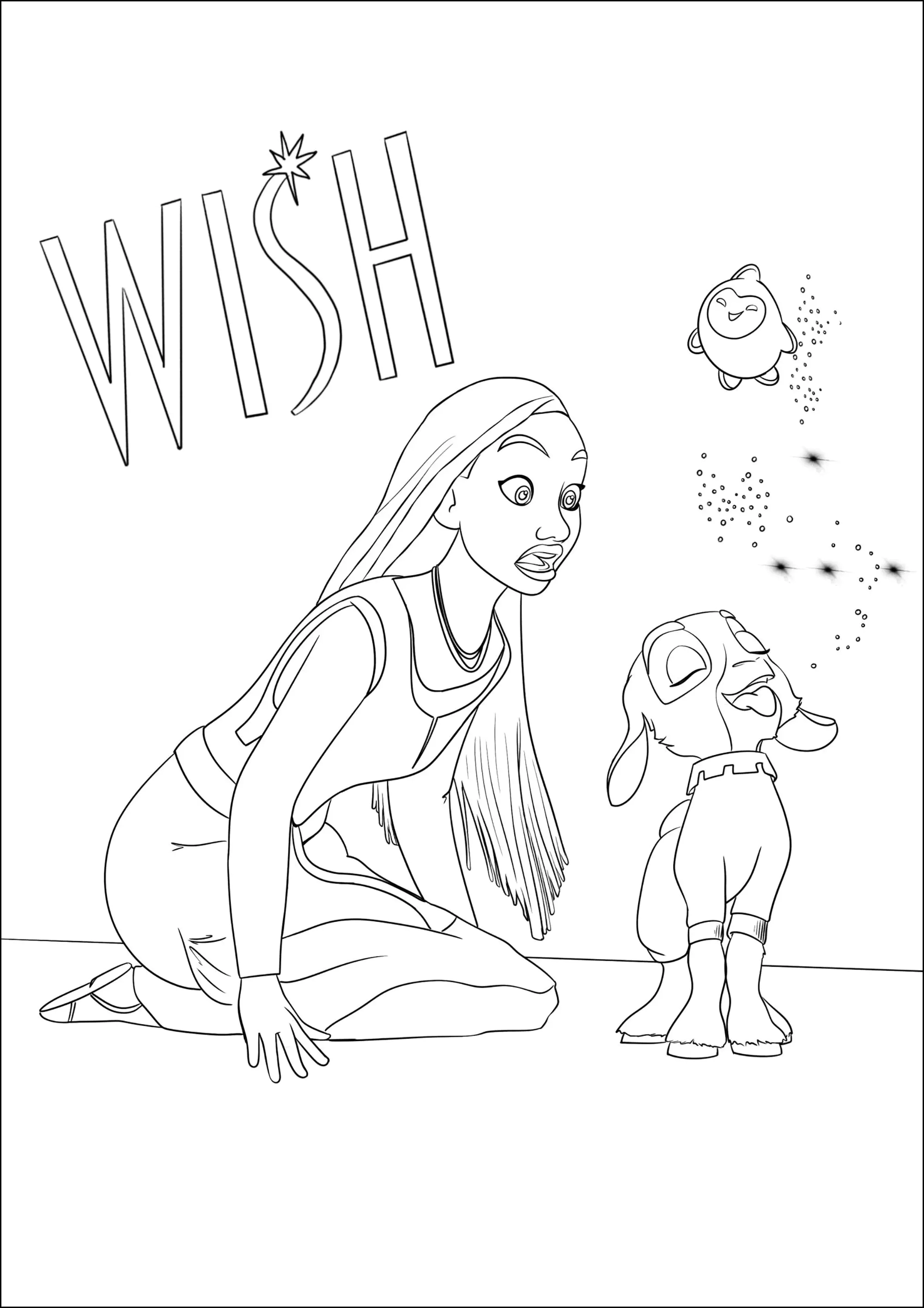 Asha, Valentino and their friend the star (Printable Wish Coloring Page for Kids)