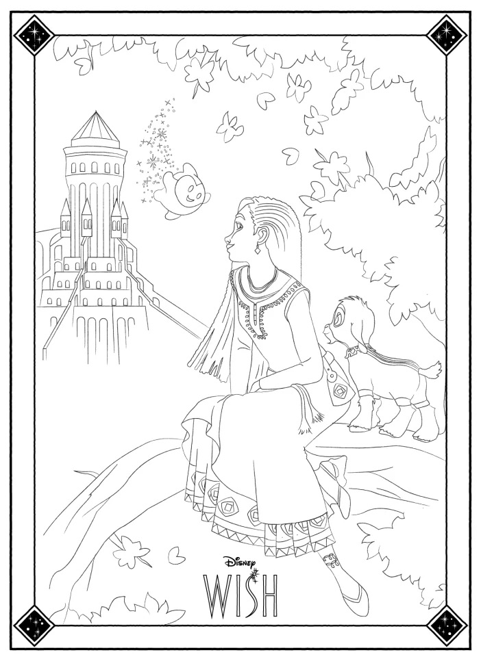 Wish : Asha and Valentino. Official coloring page of the Disney movie 'Wish'