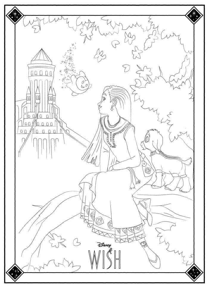 Wish : Asha and Valentino. Official coloring page of the Disney movie 'Wish'