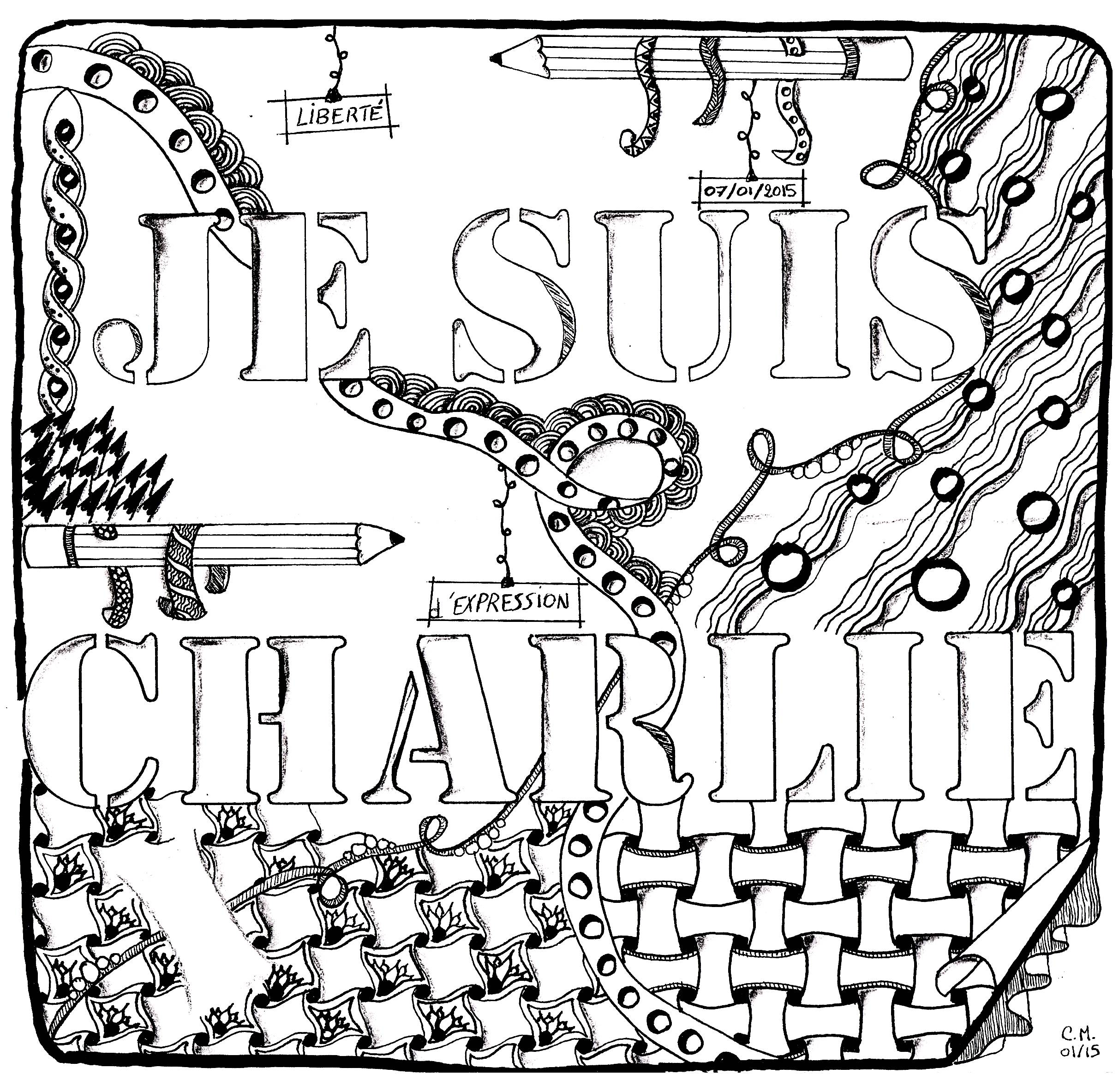 Zentangle coloring page 'Je suis Charlie', to color, by Cathy M