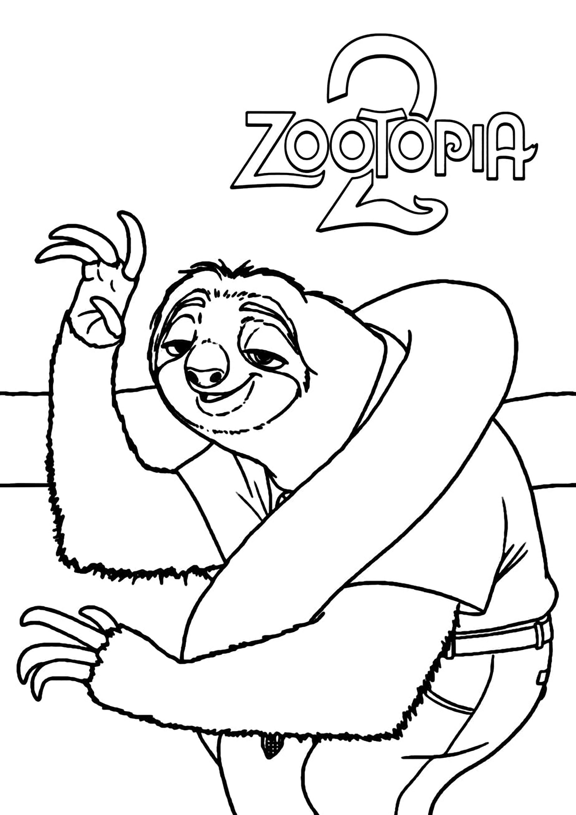 Flash the sloth in action (Printable Zootopia 2 Coloring Page for Kids)