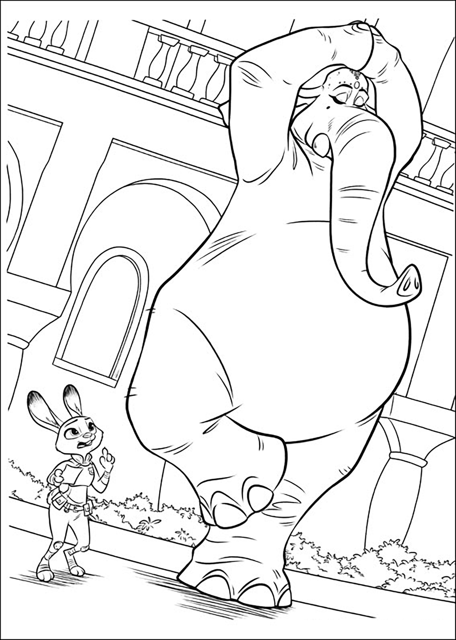 Simple Zootopia coloring page : Lt. Judy Hopps and elephant
