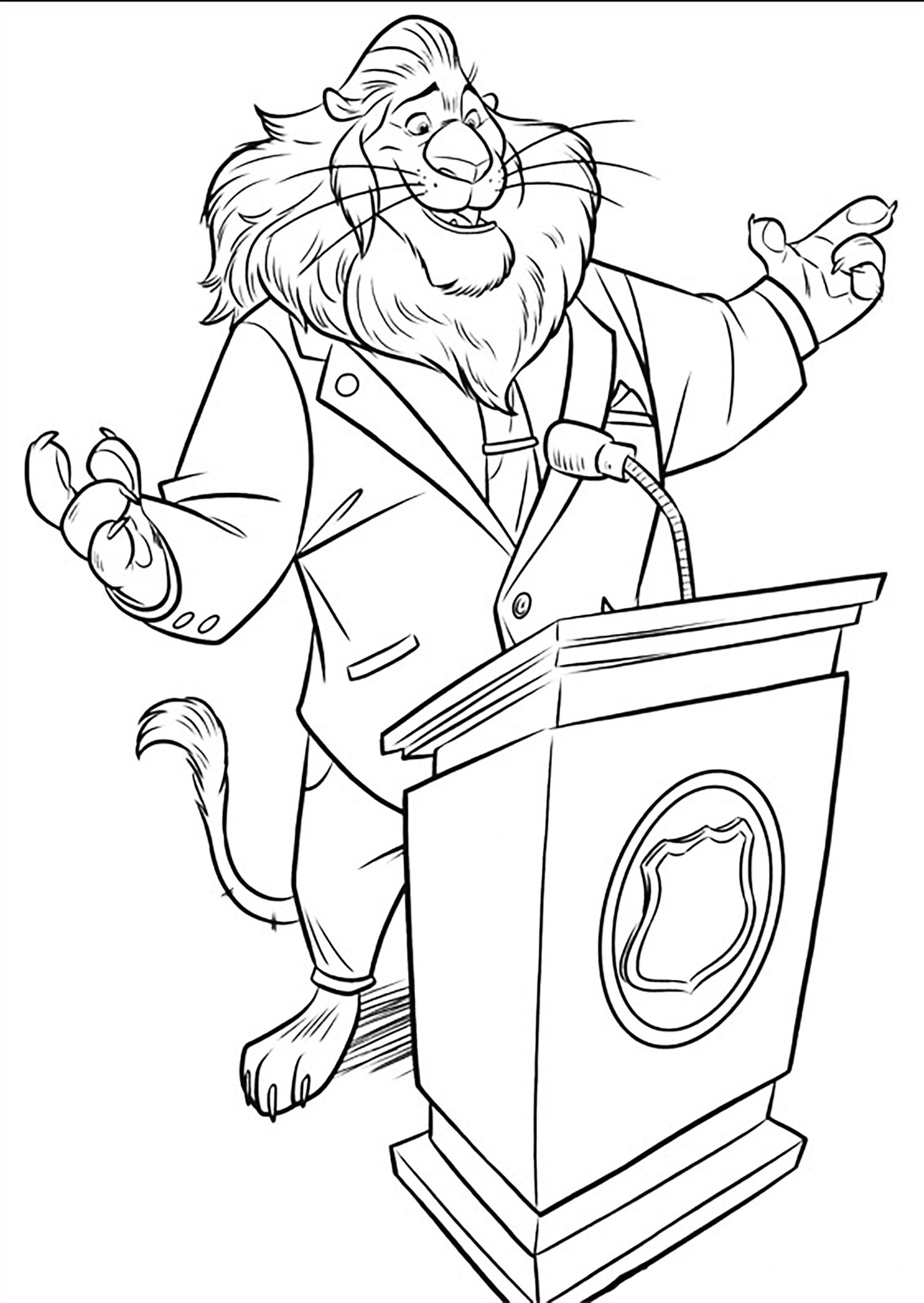 Simple Zootopia coloring page to print and color for free : Mayor Lionheart