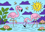 Two pink flamingos at the edge of the pond をぬった 匿名 さんの作品