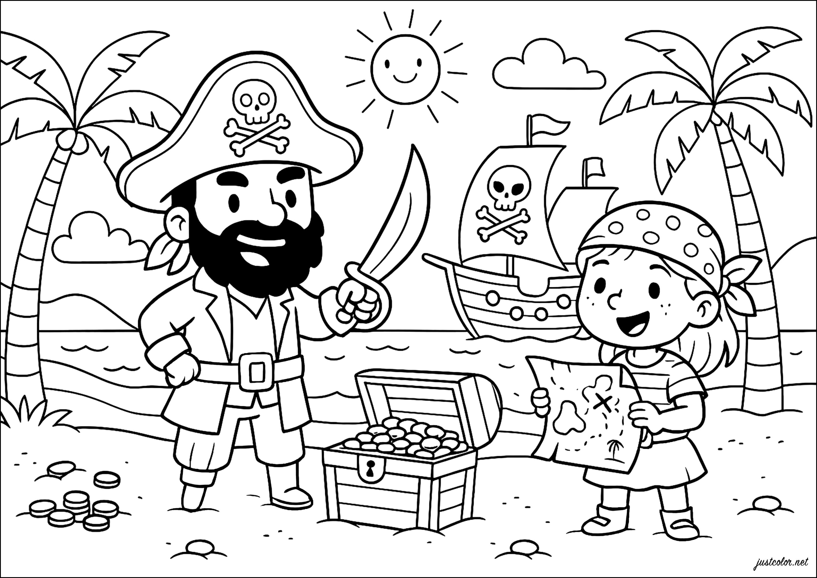 Just-Color-Malvorlage mit einer Piratencrew