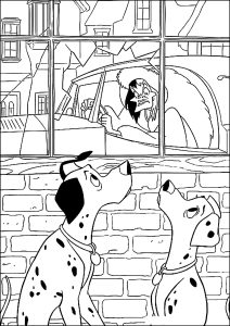 Cruella, die böse Frau, im Auto. (Ausmalbild von 101 Dalmatiner)