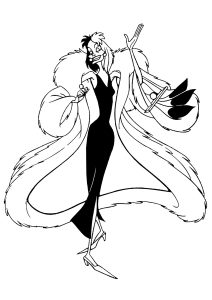 Einfaches Ausmalbild von der bösen Cruella (Ausmalbild von 101 Dalmatiner)