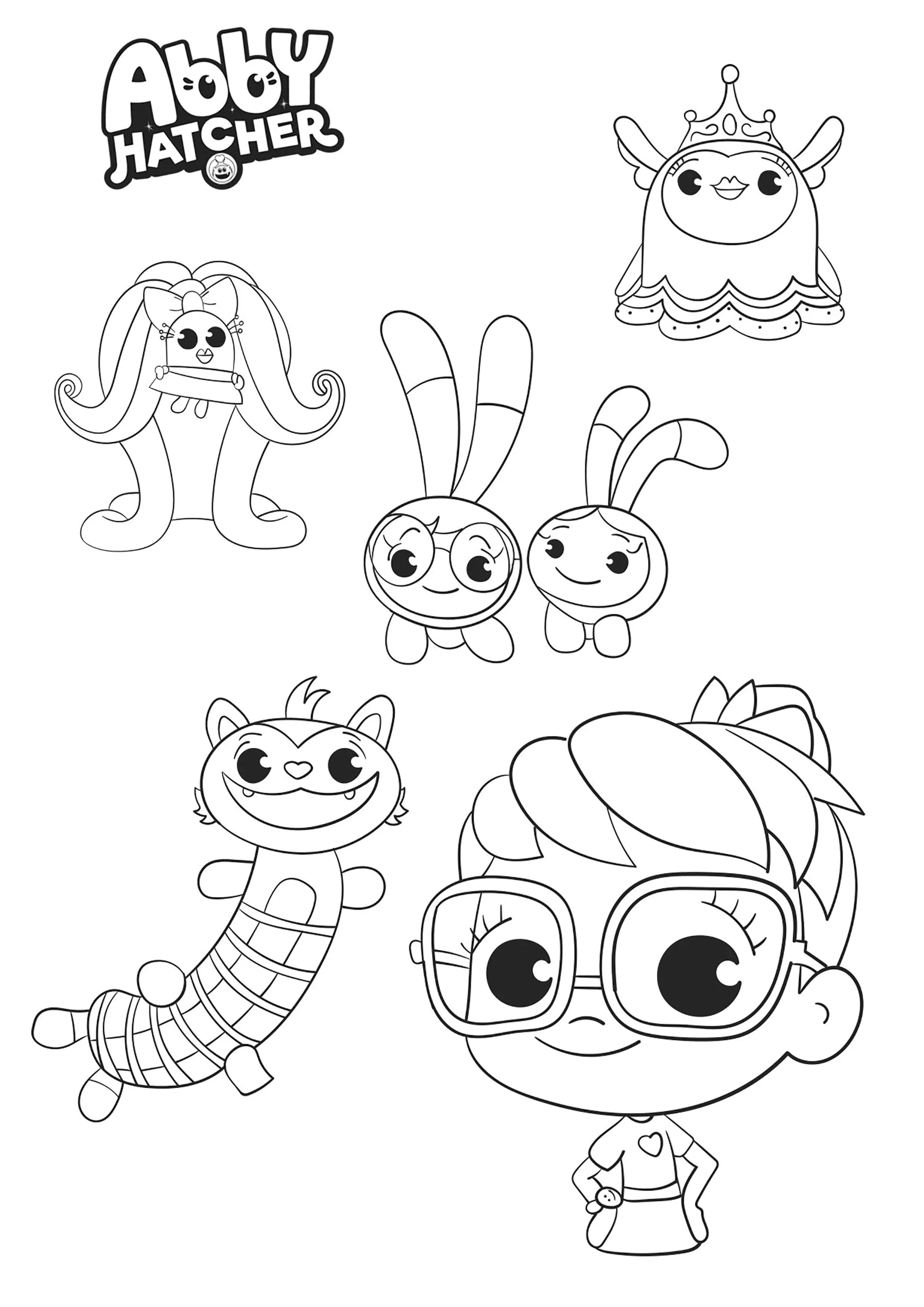 Verschiedene Charaktere aus der Serie Abby Hatcher. (Ausmalbild zum Ausdrucken und Ausmalen für Kinder)