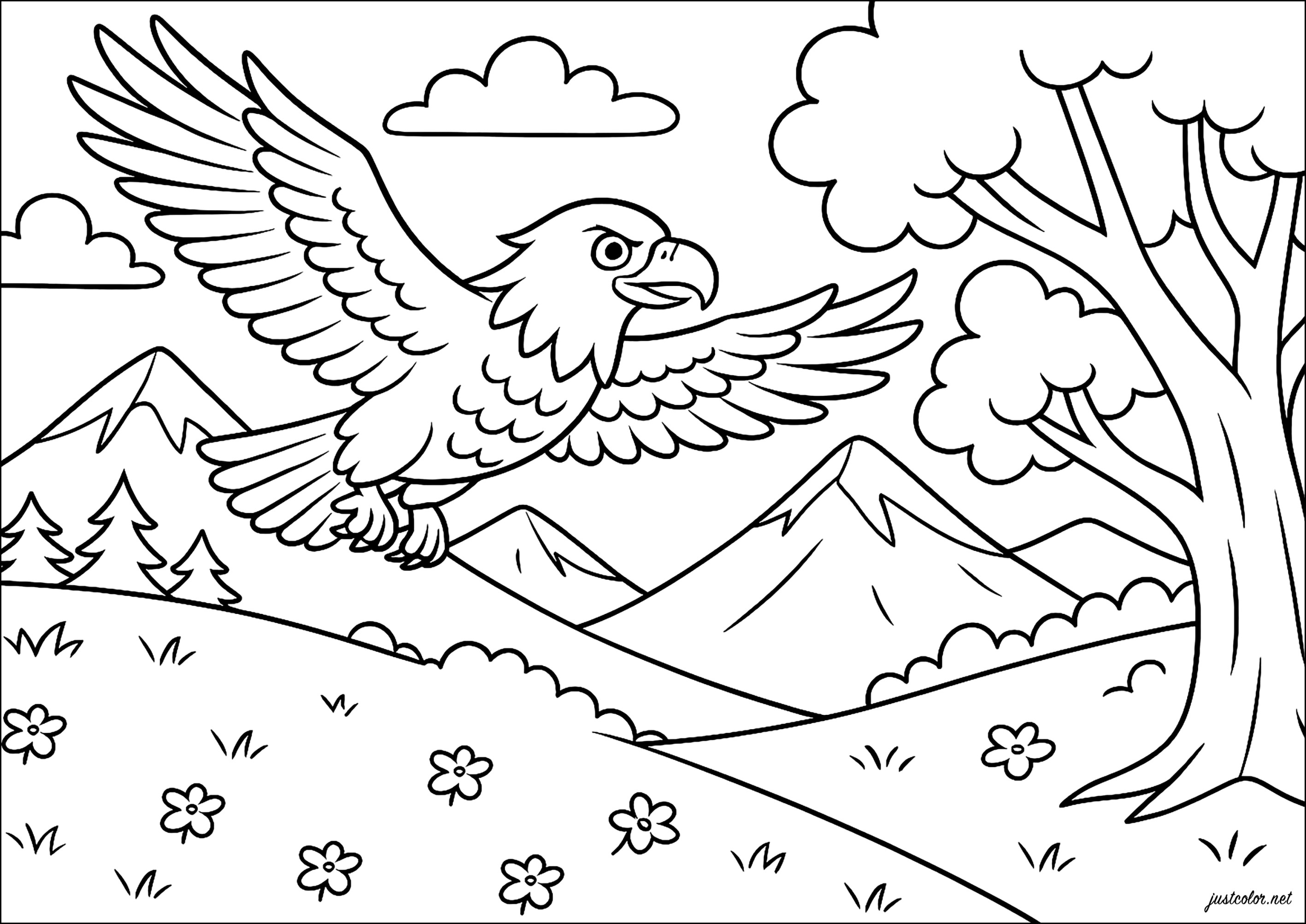 Der Goldene Adler im Tal (Ausmalbild zum Ausdrucken und Ausmalen für Kinder)
