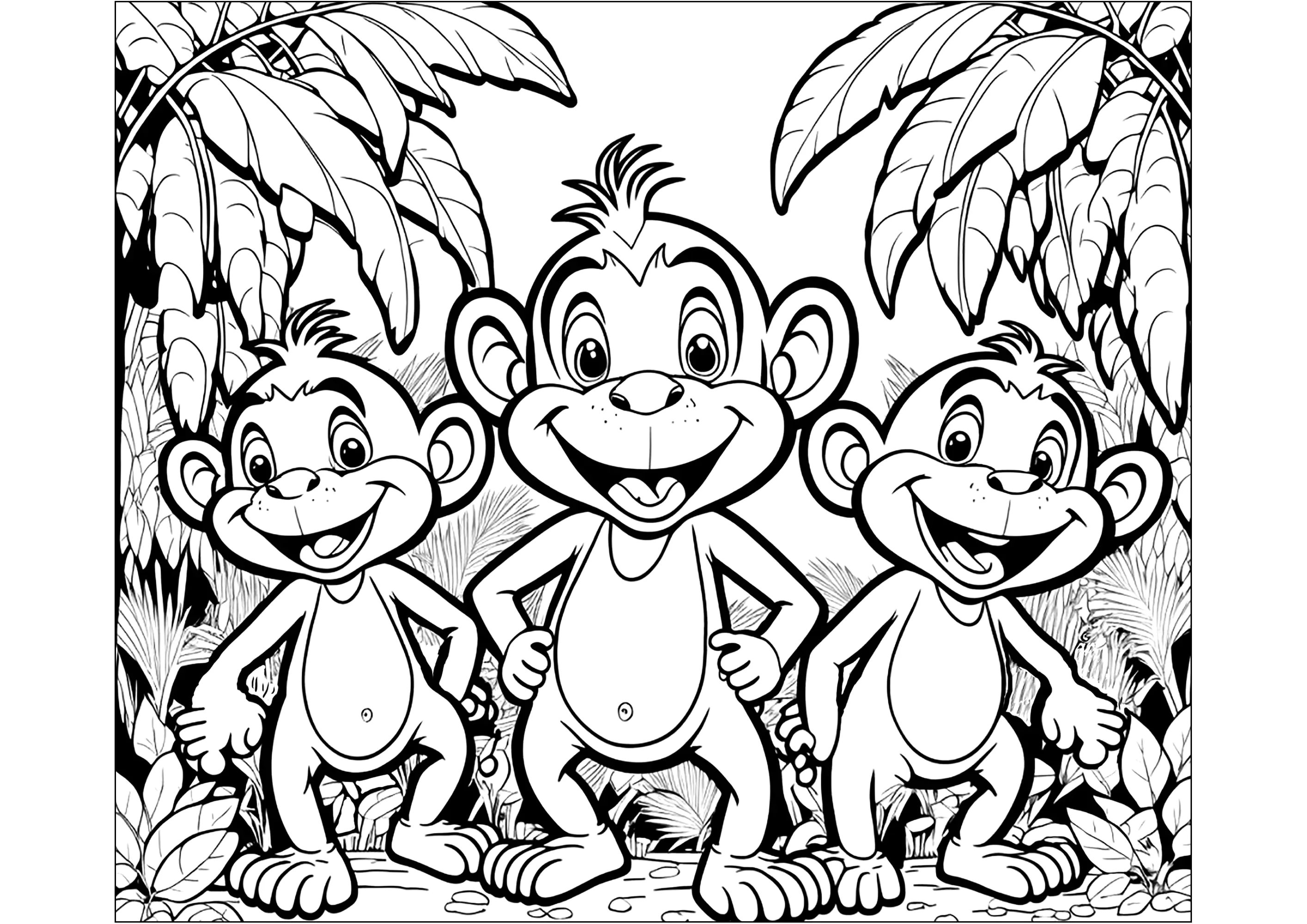 Drei junge Affen (Ausmalbild zum Ausdrucken und Ausmalen für Kinder)