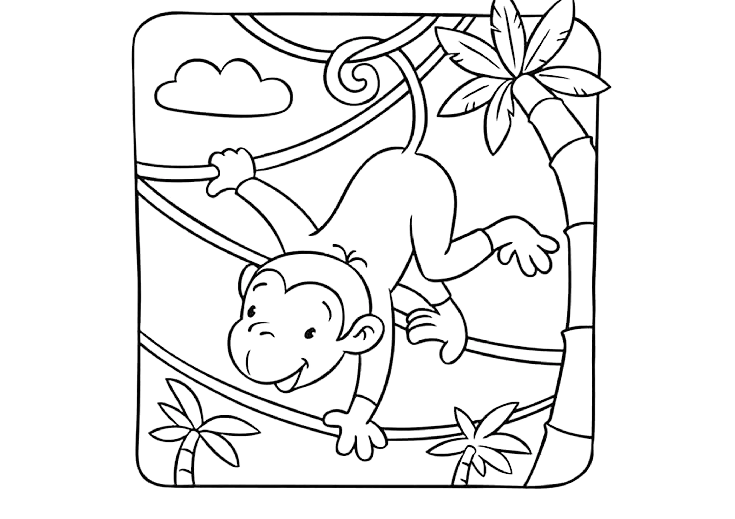 Ein Affe, der von Liane zu Liane schwingt. (Ausmalbild von Affen zum Ausdrucken und Ausmalen für Kinder)