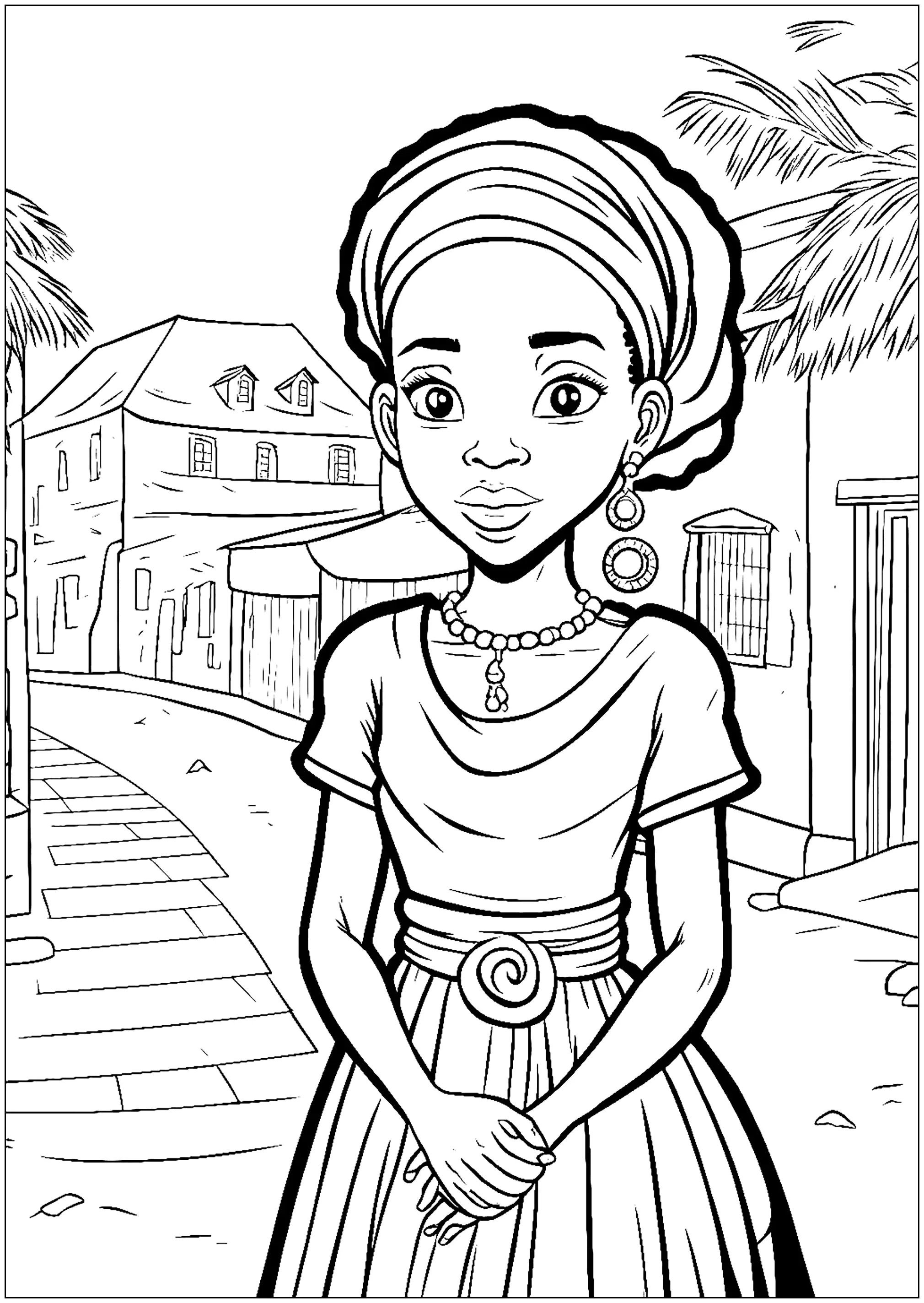 Junge Frau in einem afrikanischen Dorf. (Ausmalbild von Afrika zum Ausdrucken und Ausmalen für Kinder)