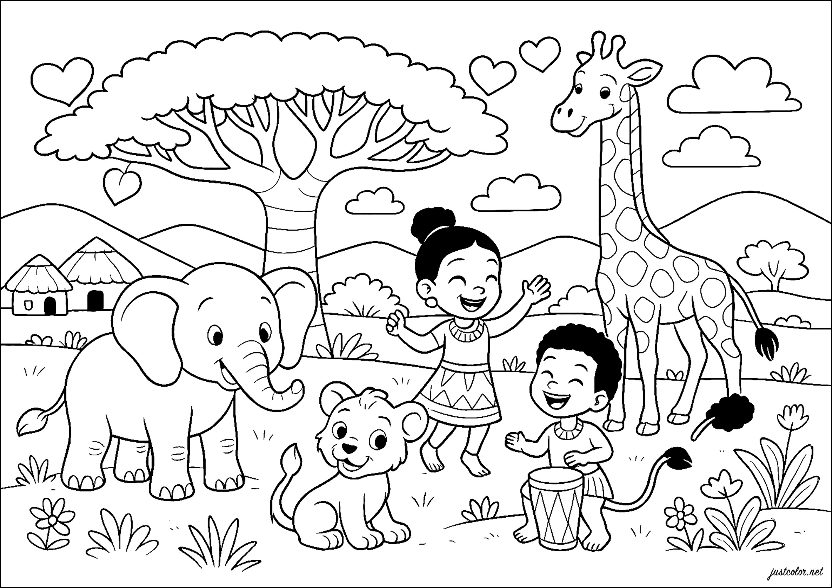 Fröhlicher Tag in der Savanne (Ausmalbild von Afrika zum Ausdrucken und Ausmalen für Kinder)