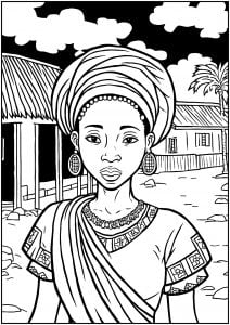 Afrikanisches Dorf mit einer jungen Frau. (Ausmalbild von Afrika)