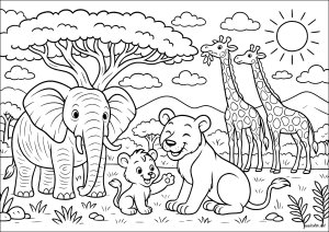 Fröhliche Afrikasafari (Ausmalbild von Afrika)