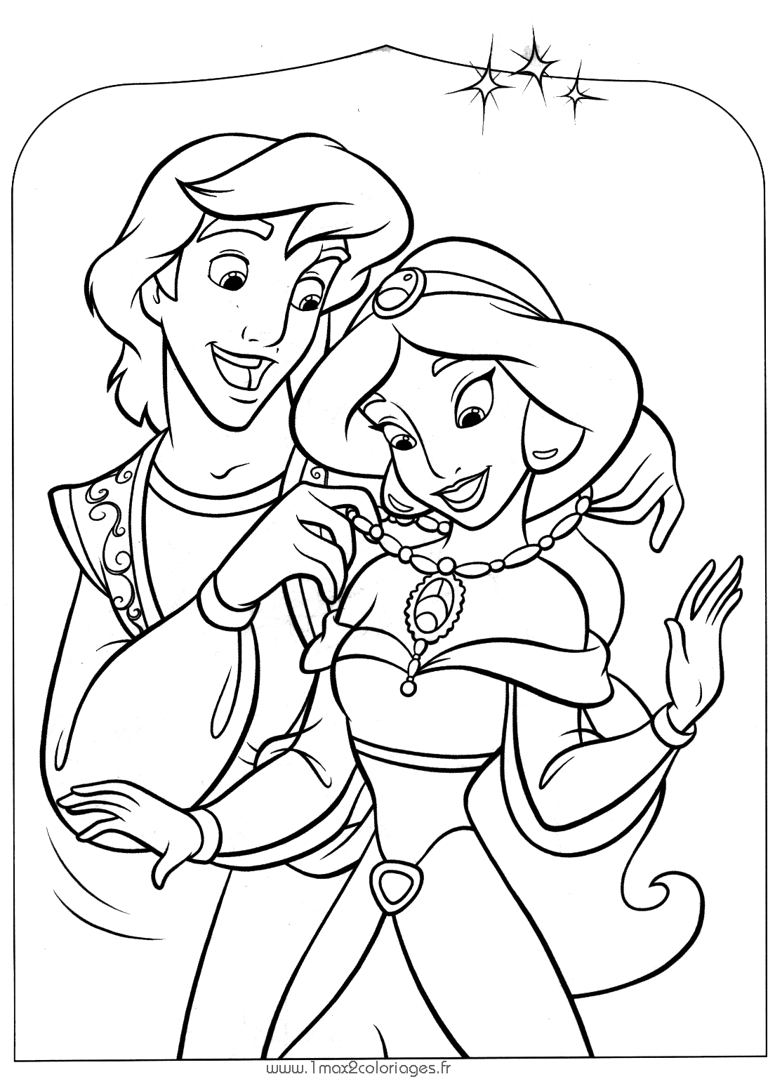 Ausmalbild von Aladdin und Jasmine : Aladdin und Jasmin Ausmalbild von Aladdin und Jasmine zum Ausdrucken und Ausmalen für Kinder : Aladdin und Jasmin