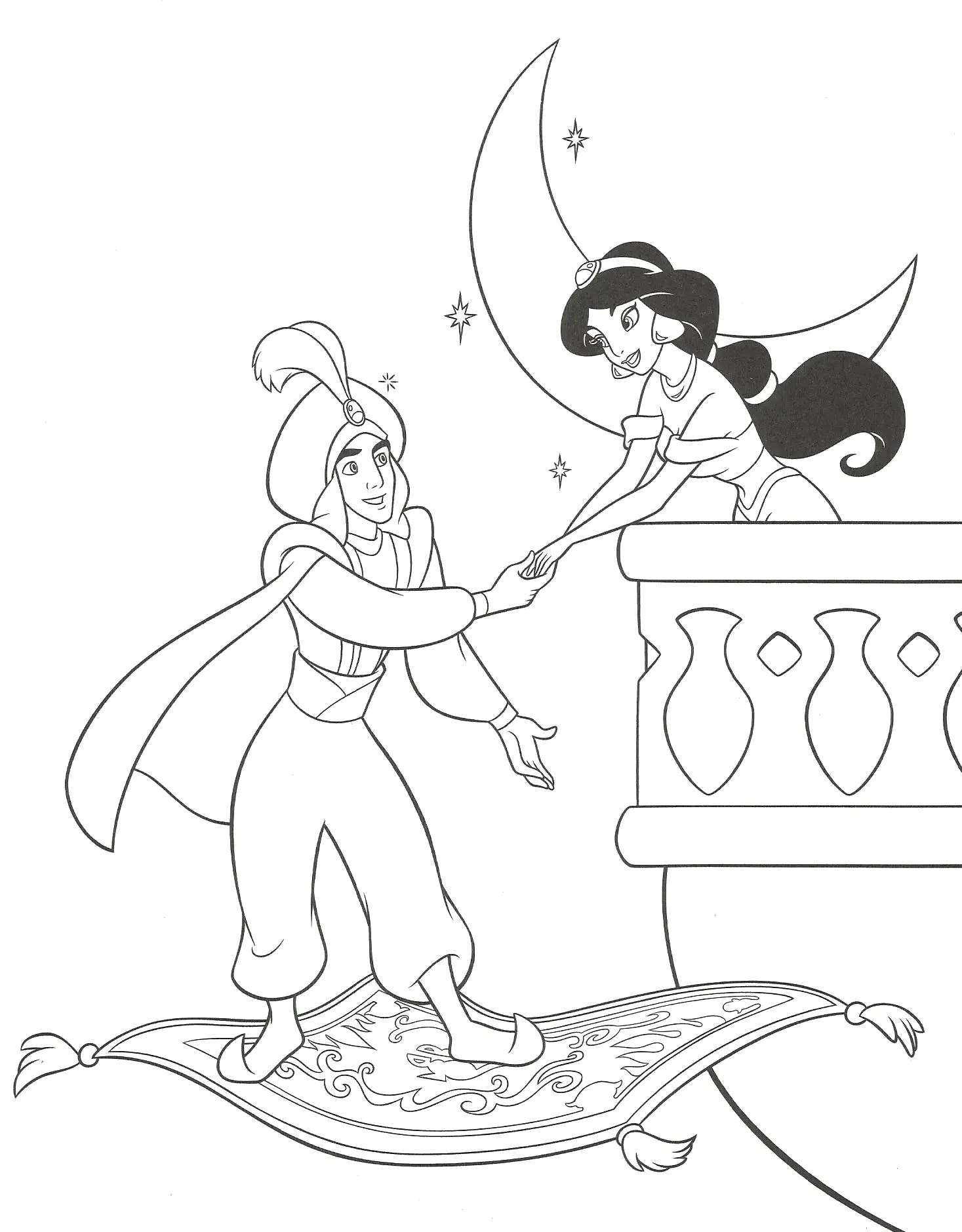 Aladdin auf seinem fliegenden Teppich & Jasmine (Ausmalbild von Aladdin und Jasmine zum Ausdrucken und Ausmalen für Kinder)