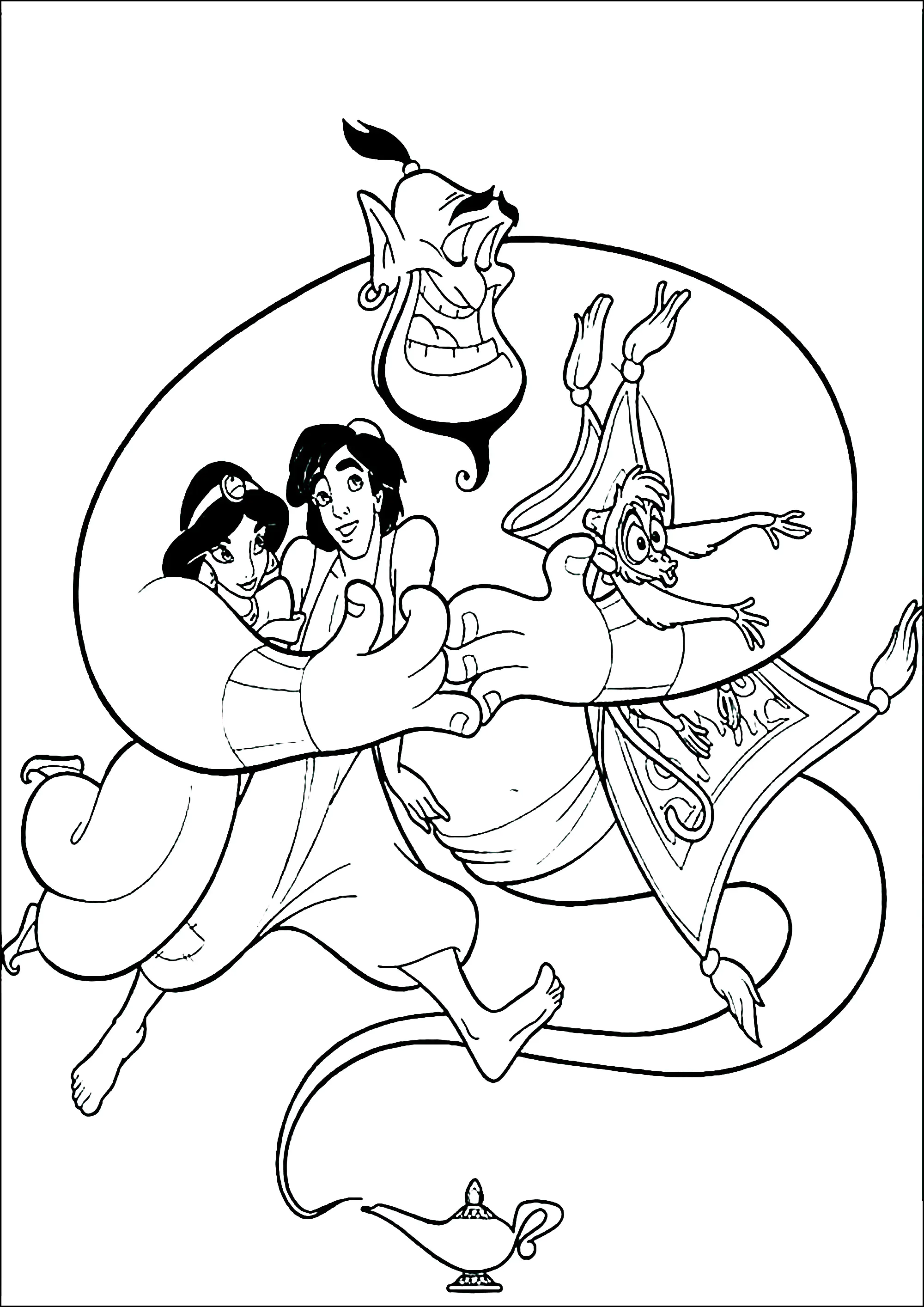 Aladdin, der Flaschengeist, Jasmin und Abu. (Ausmalbild von Aladdin und Jasmine zum Ausdrucken und Ausmalen für Kinder)