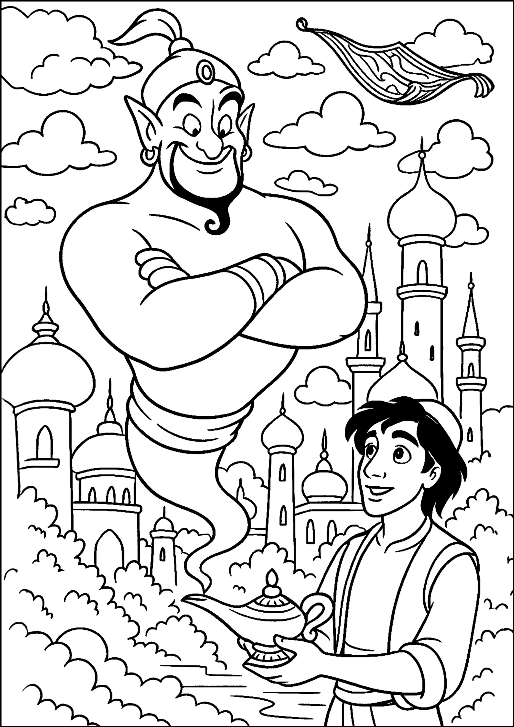 Aladdin und der Geist der Lampe (Ausmalbild von Aladdin und Jasmine zum Ausdrucken und Ausmalen für Kinder)