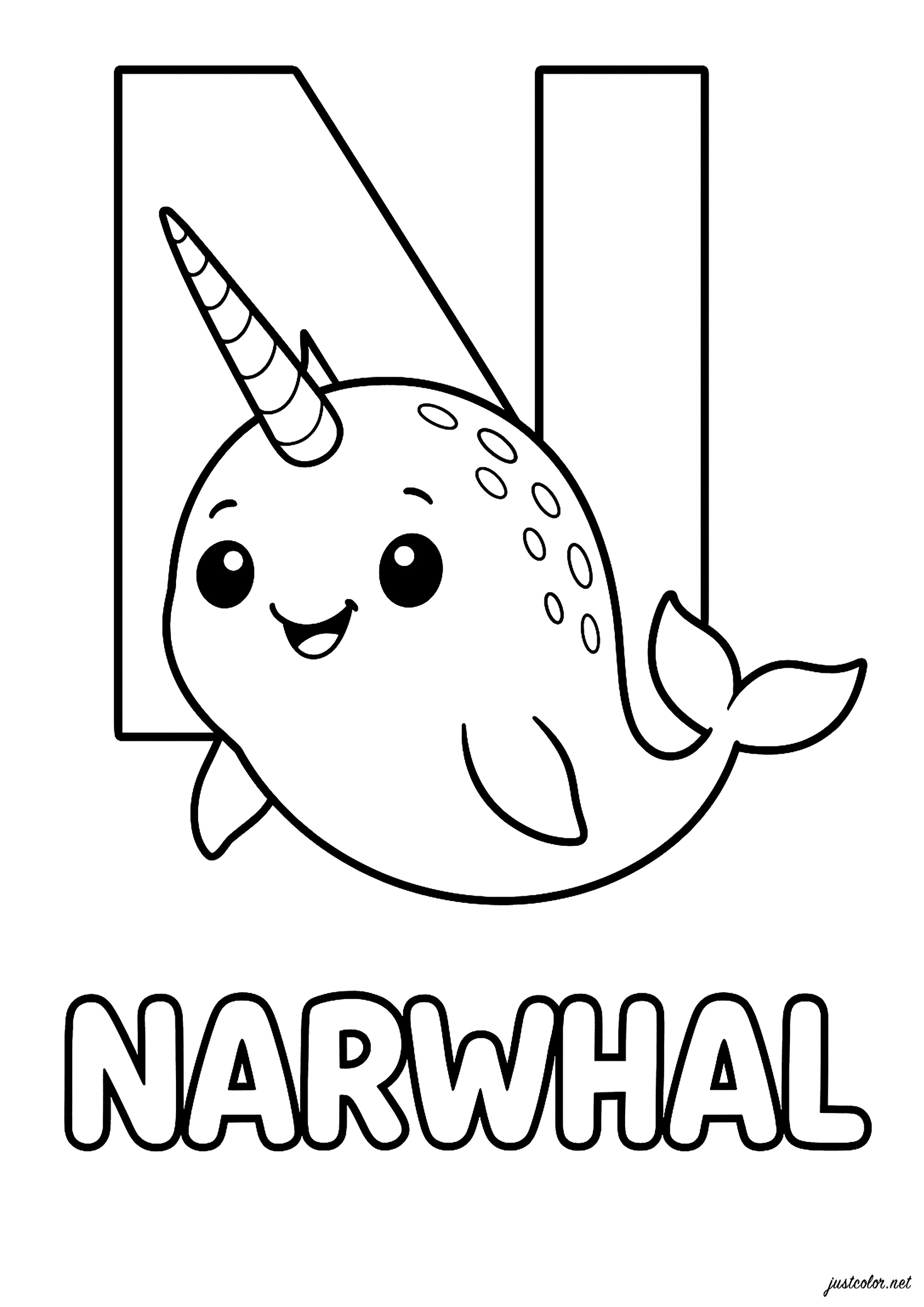 N wie Narwhal (Narwal auf Englisch) (Ausmalbild von Alphabet zum Ausdrucken und Ausmalen für Kinder)