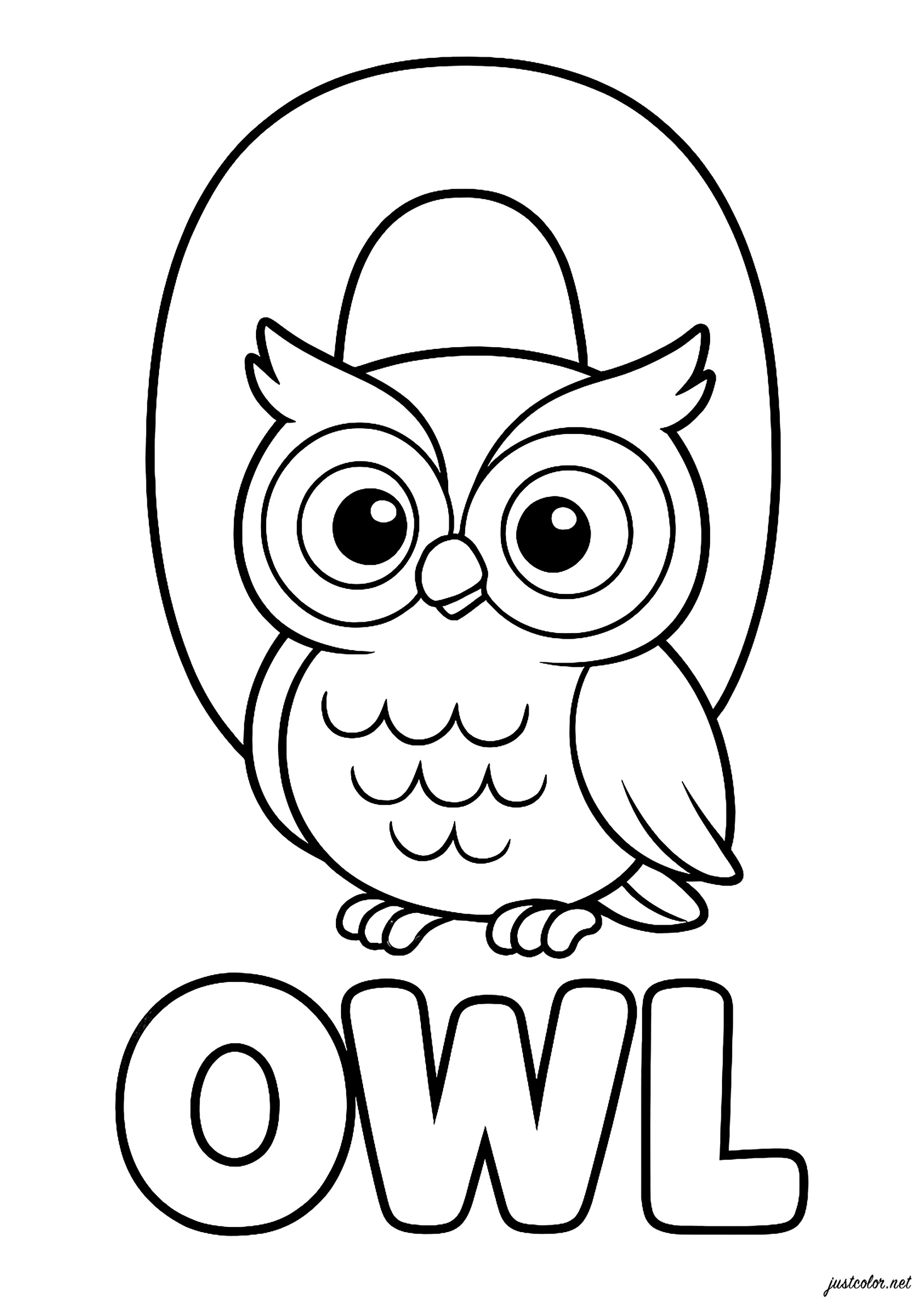 O wie Owl (Eule auf Englisch) (Ausmalbild von Alphabet zum Ausdrucken und Ausmalen für Kinder)