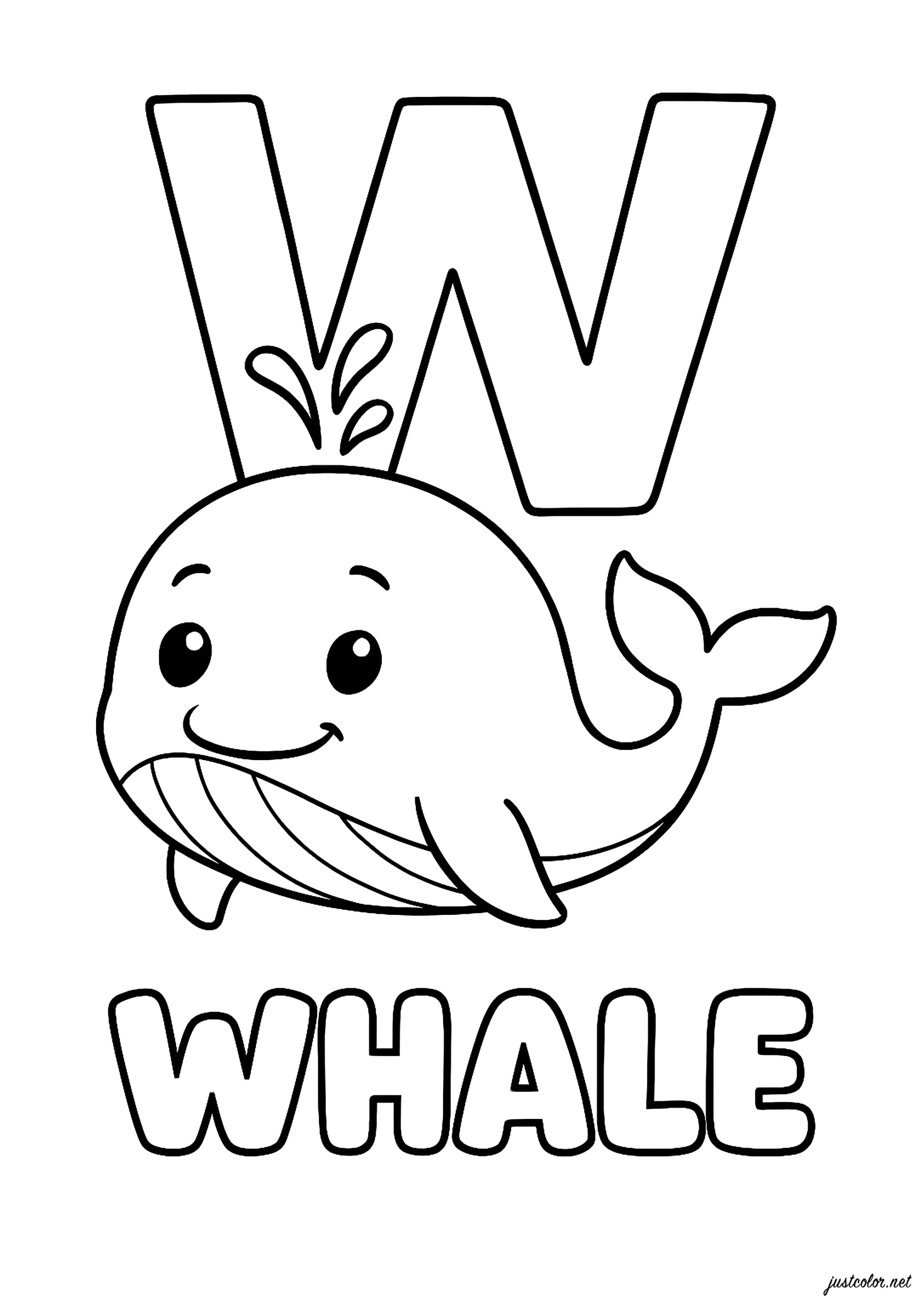 W wie Whale (Wal auf Englisch) (Ausmalbild von Alphabet zum Ausdrucken und Ausmalen für Kinder)