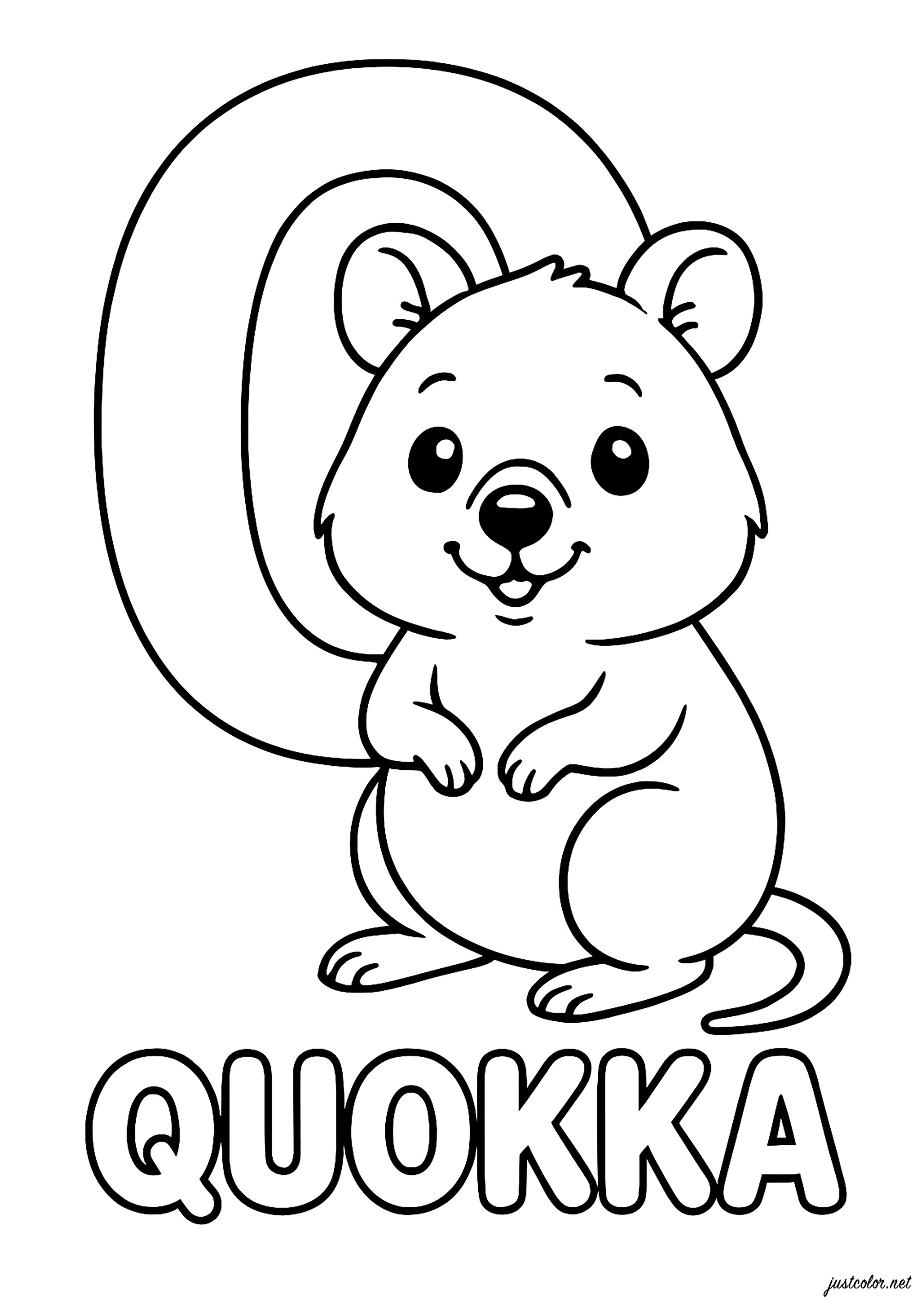 Q wie Quokka (Ausmalbild von Alphabet zum Ausdrucken und Ausmalen für Kinder)