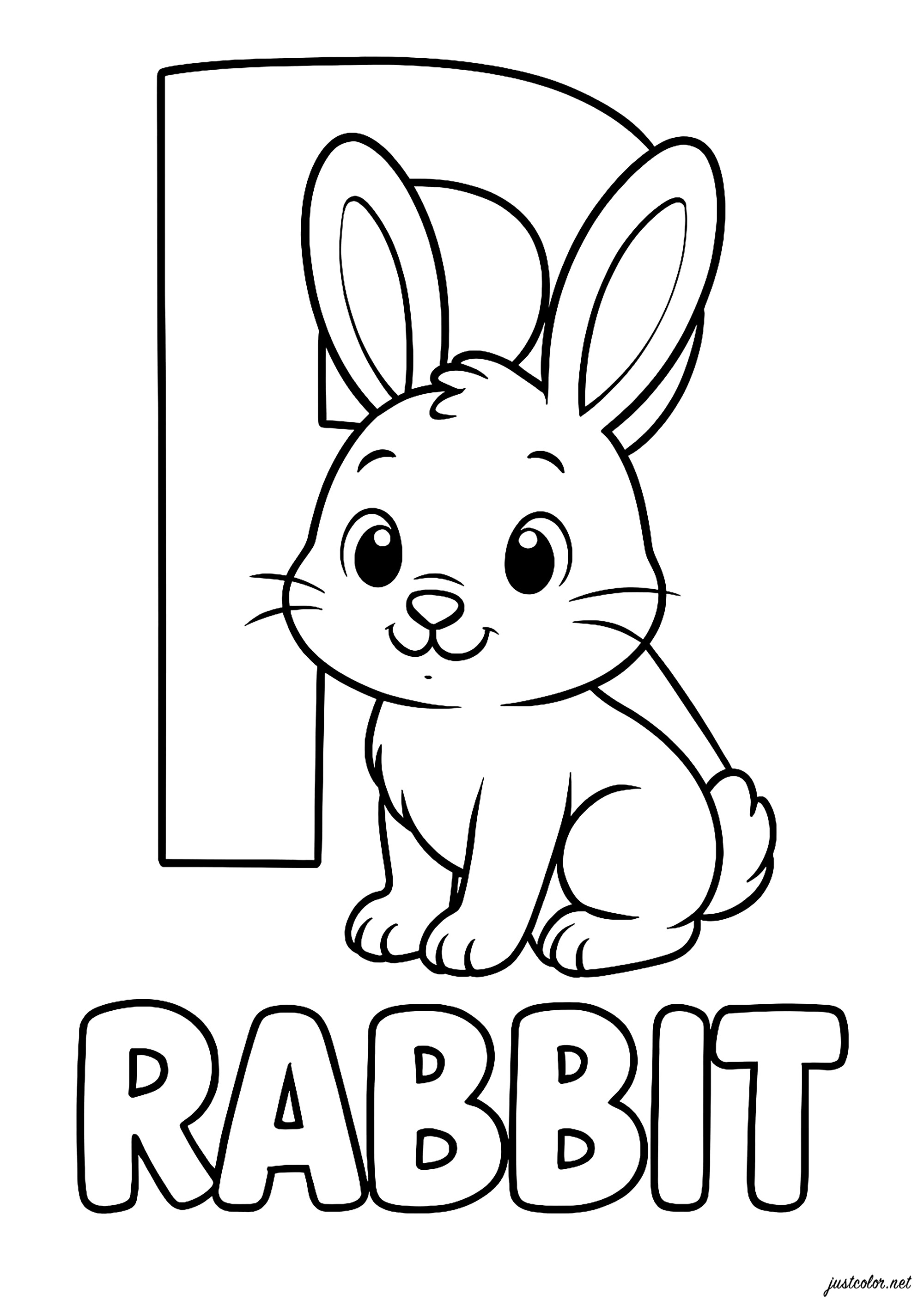 R wie Rabbit (Kaninchen auf Englisch) (Ausmalbild von Alphabet zum Ausdrucken und Ausmalen für Kinder)