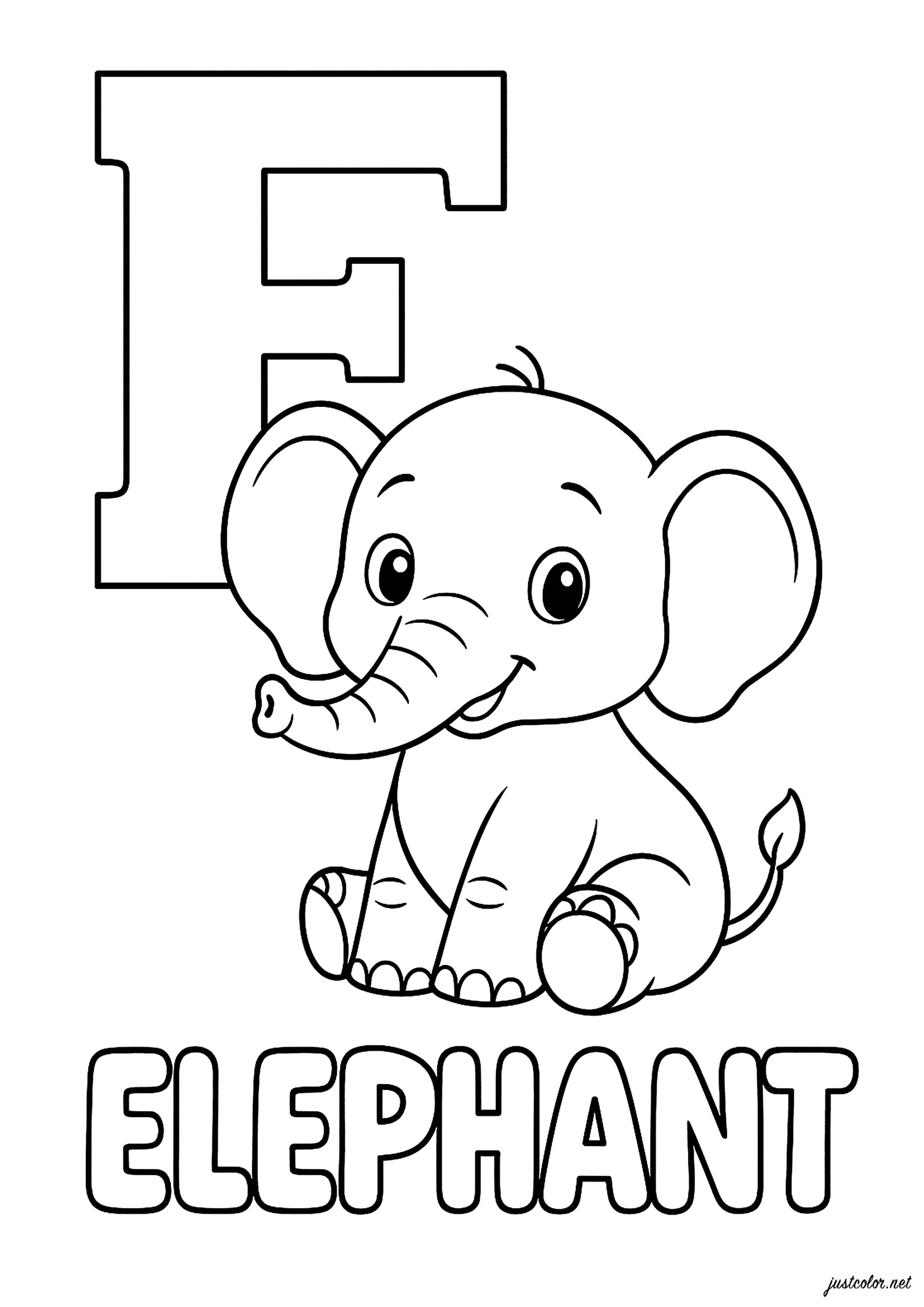 E wie Elefant (Elephant auf Englisch) (Ausmalbild von Alphabet zum Ausdrucken und Ausmalen für Kinder)