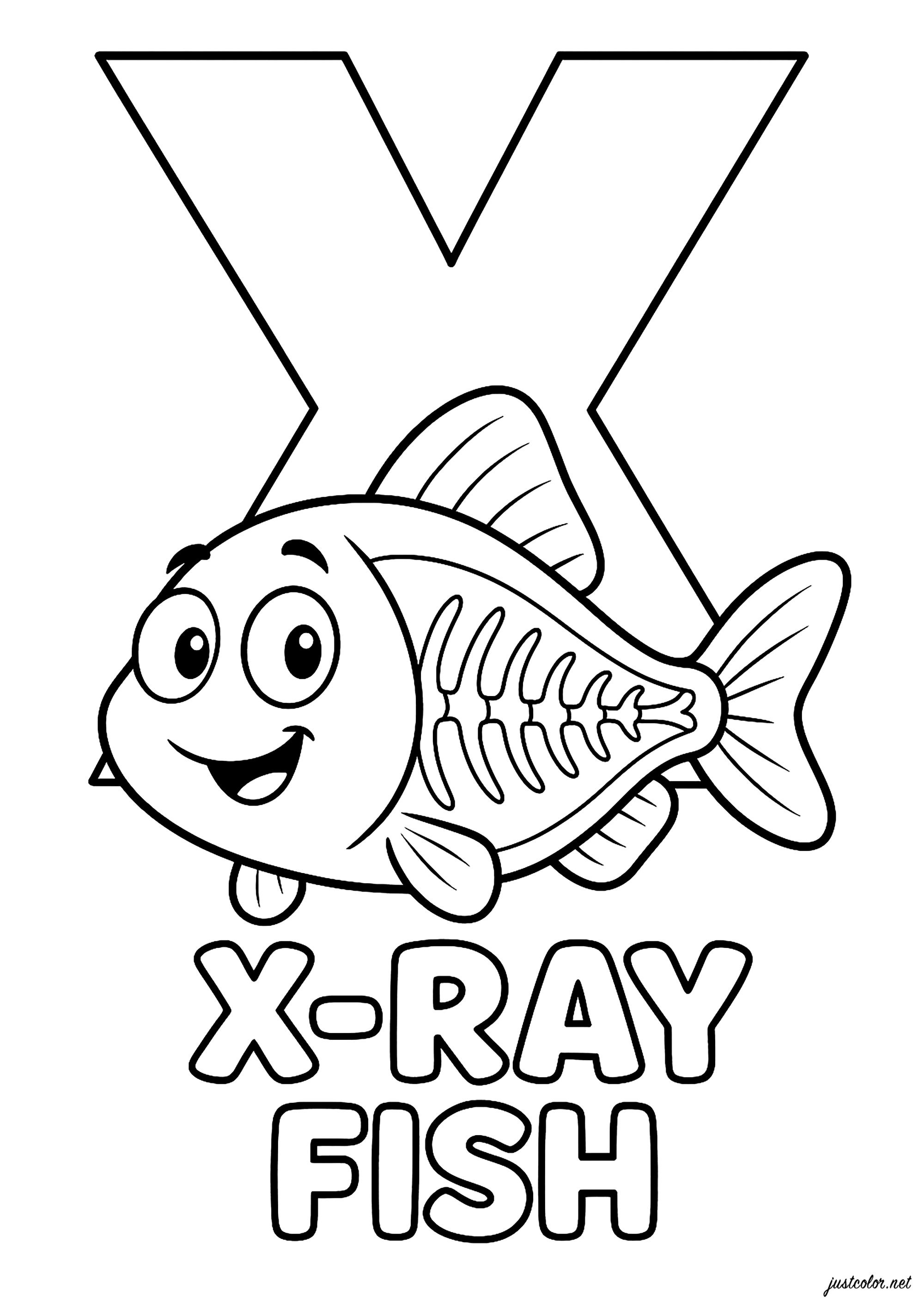 X wie X-Ray Fish (Röntgenfisch auf Englisch) (Ausmalbild von Alphabet zum Ausdrucken und Ausmalen für Kinder)