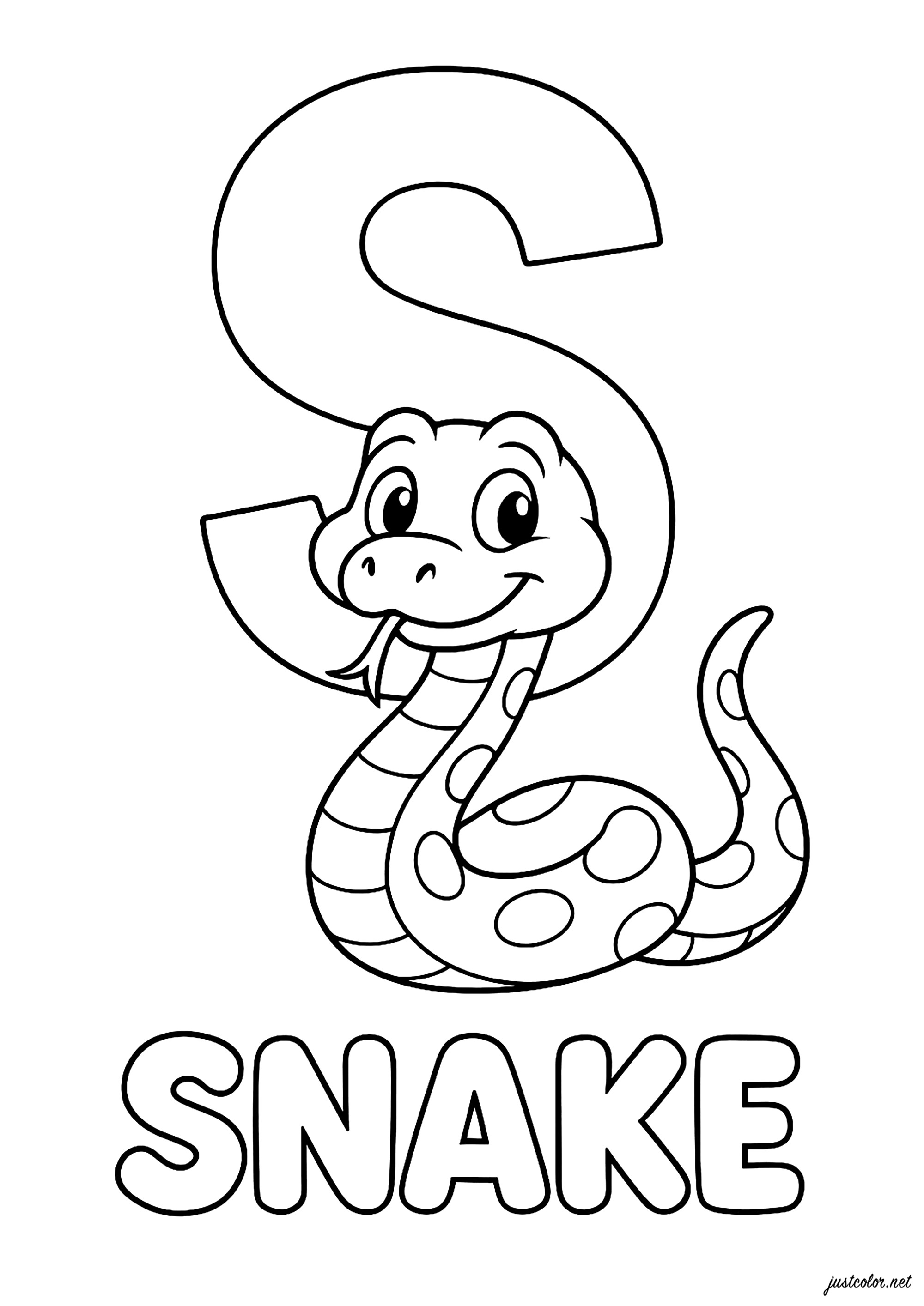 S wie Snake (Schlange auf Englisch) (Ausmalbild von Alphabet zum Ausdrucken und Ausmalen für Kinder)