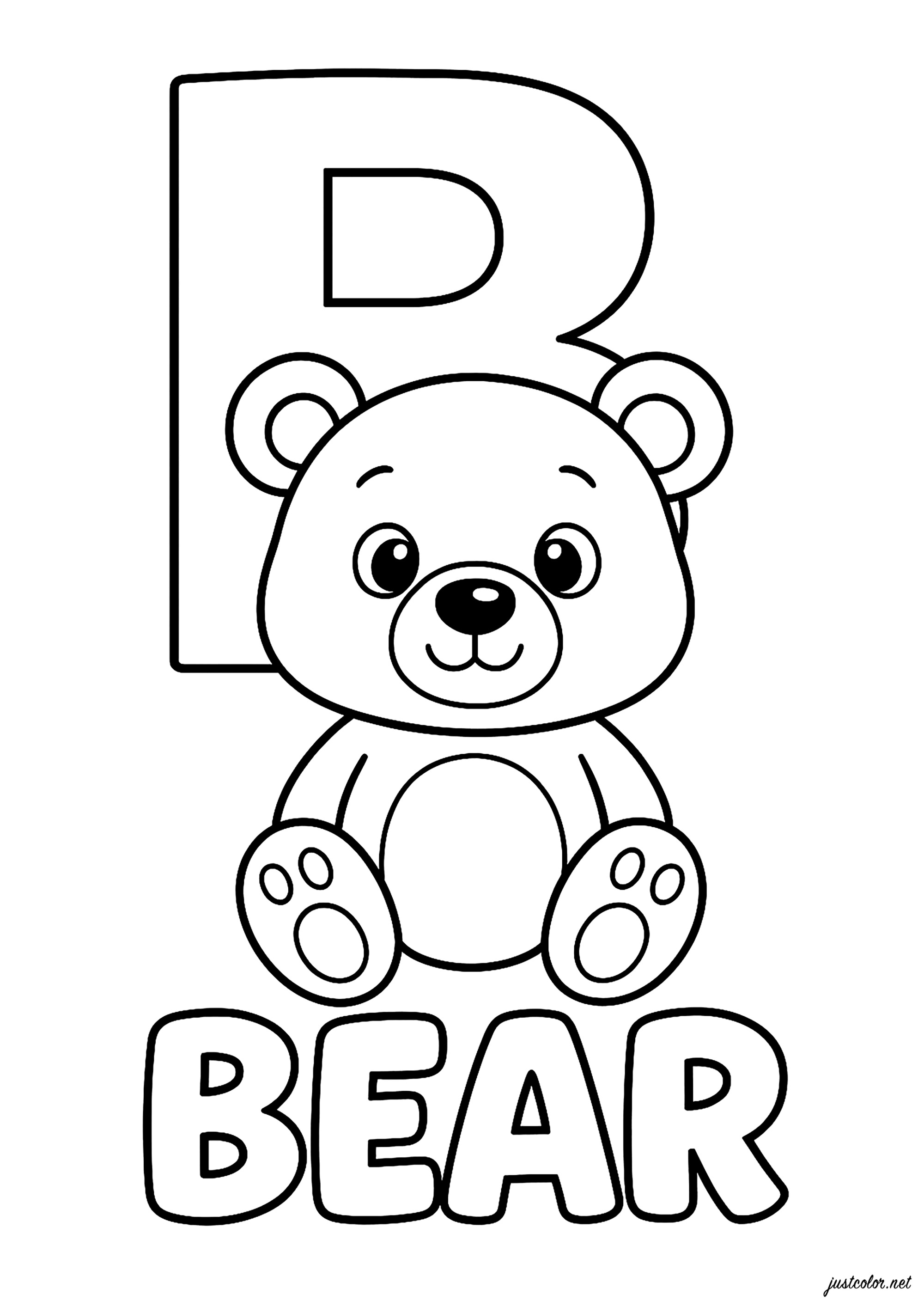 B wie Bear (Bär auf Englisch) (Ausmalbild von Alphabet zum Ausdrucken und Ausmalen für Kinder)